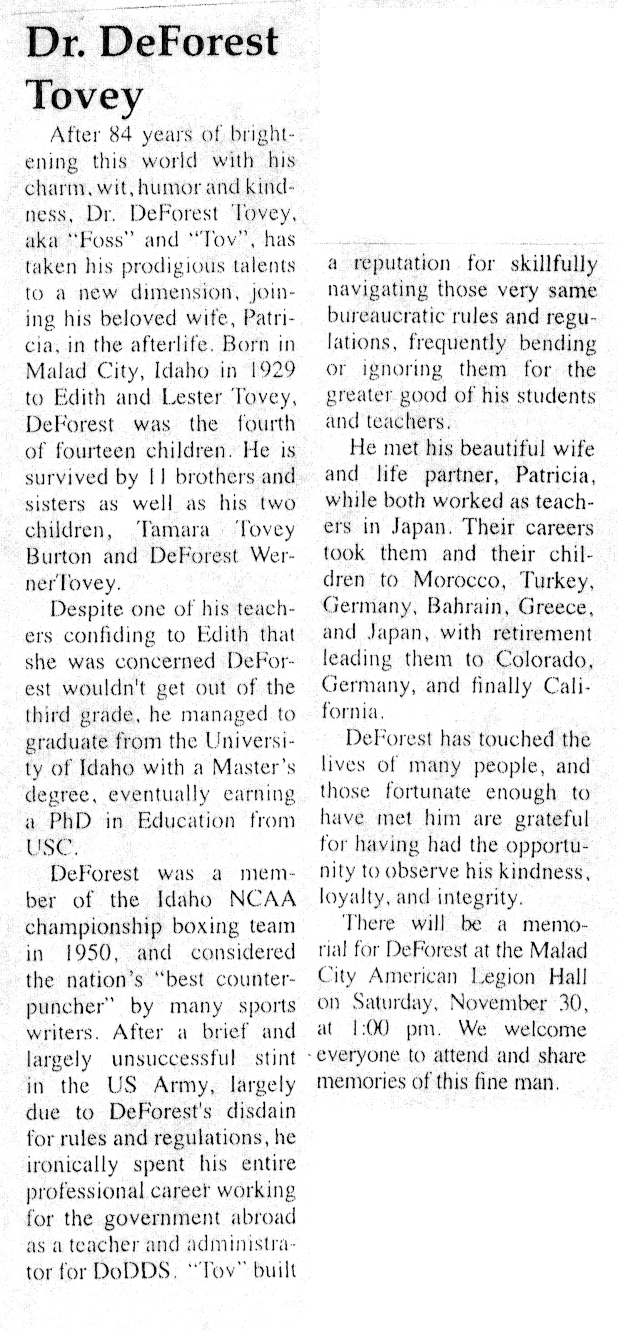 DeForest Tovey Dr obit