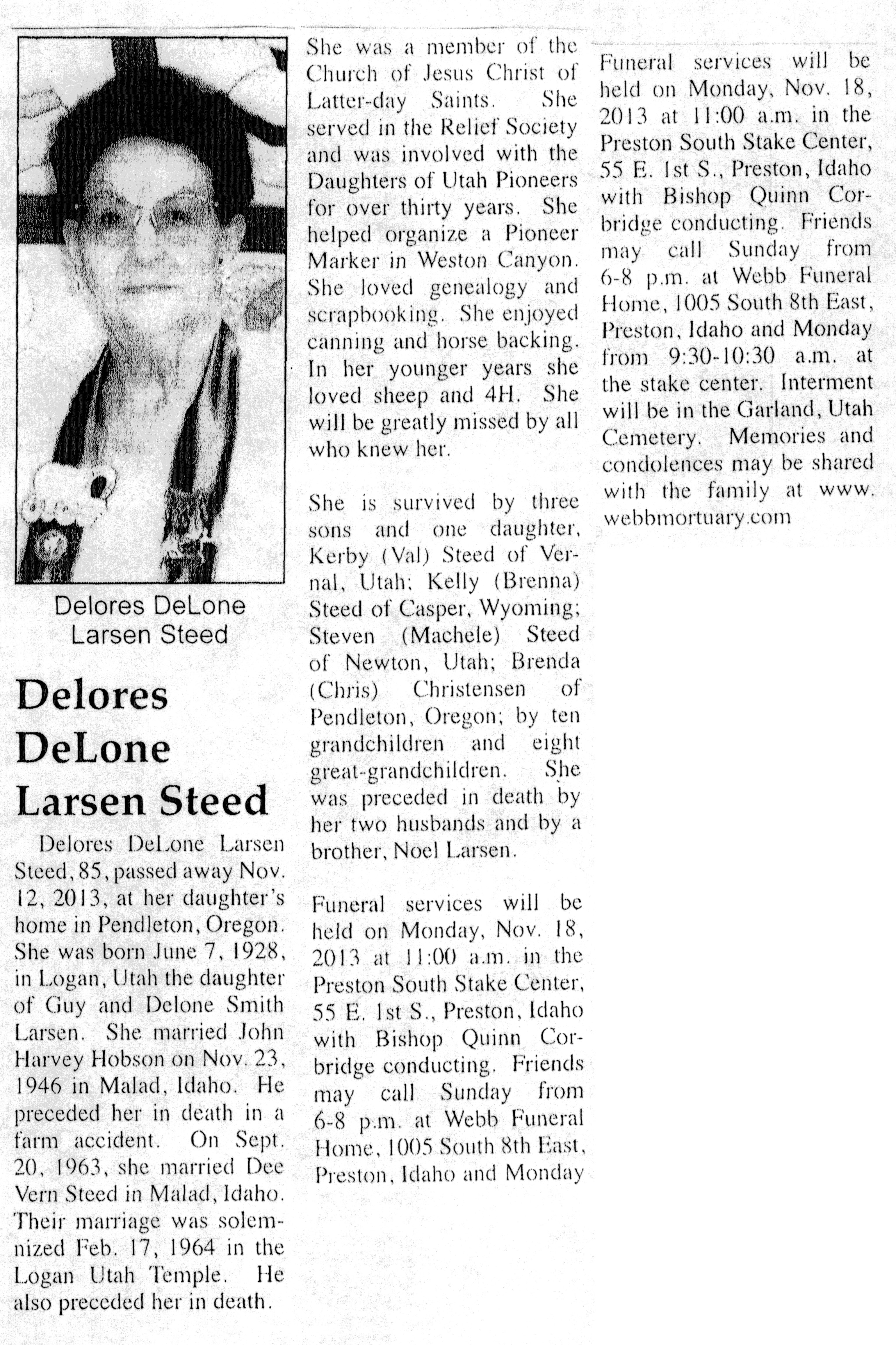 Delores DeLone Larsen Steed obit