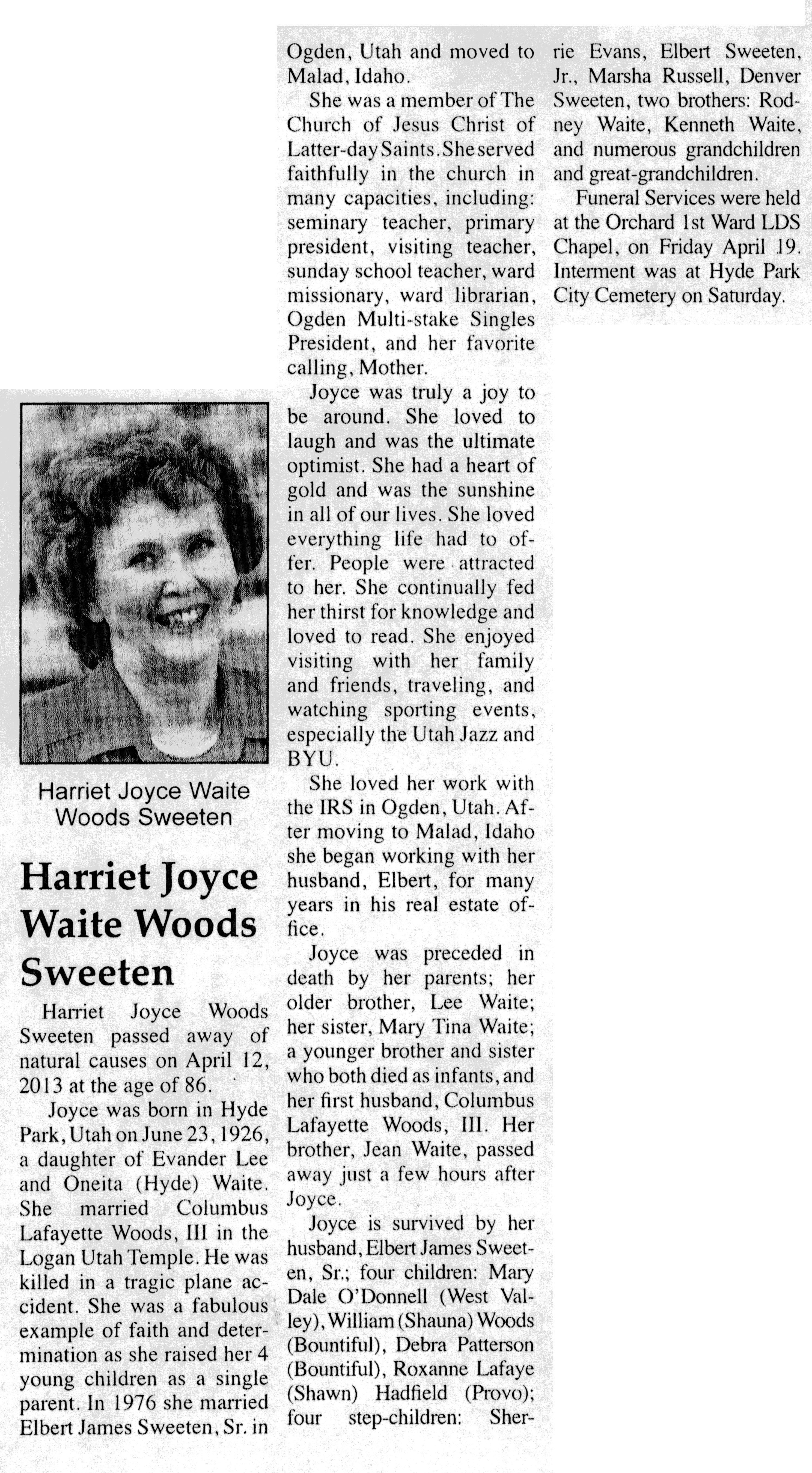 Harriet Joyce Waite Woods Sweeten obit