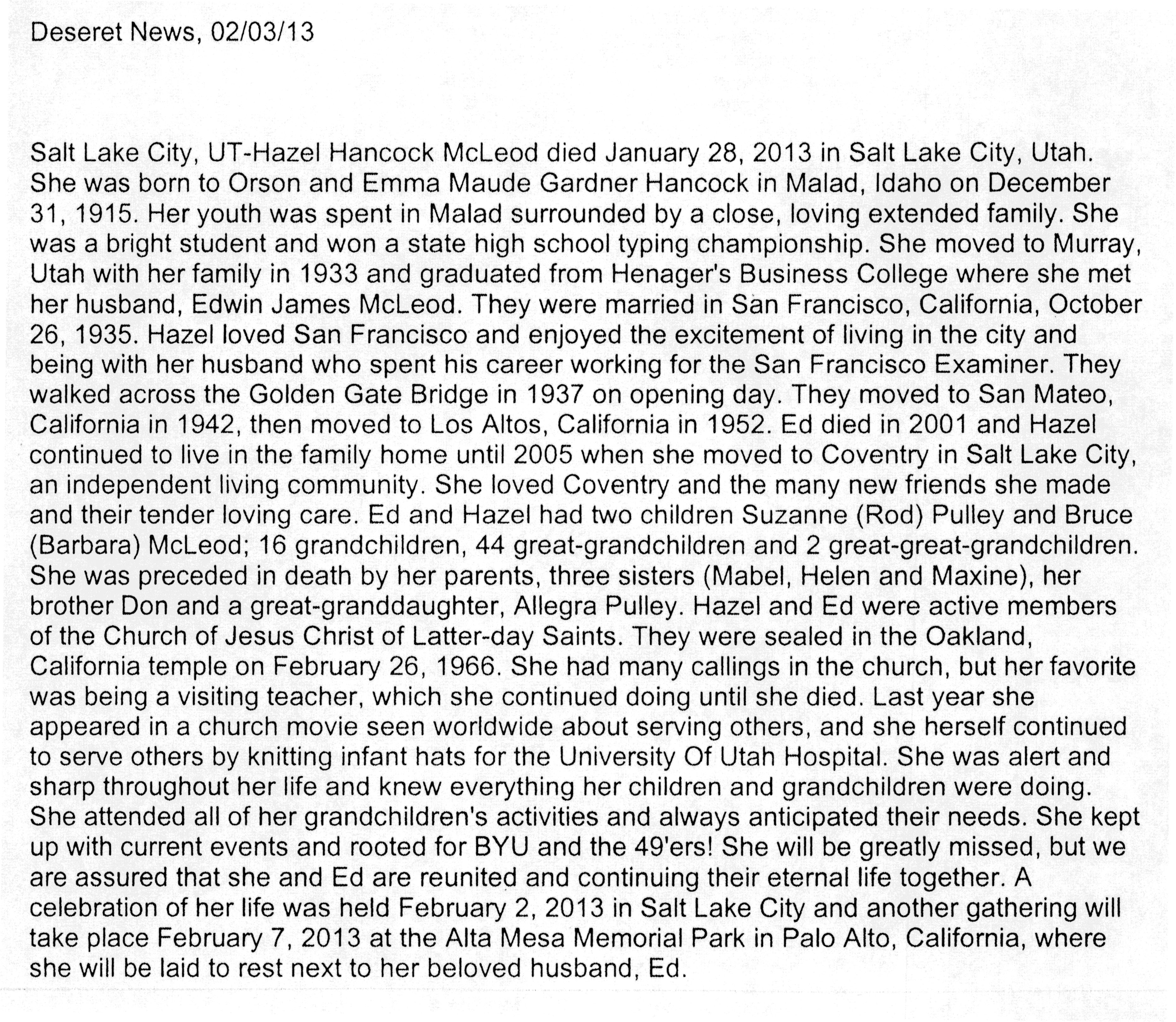 Hazel Hancock McLeod obit