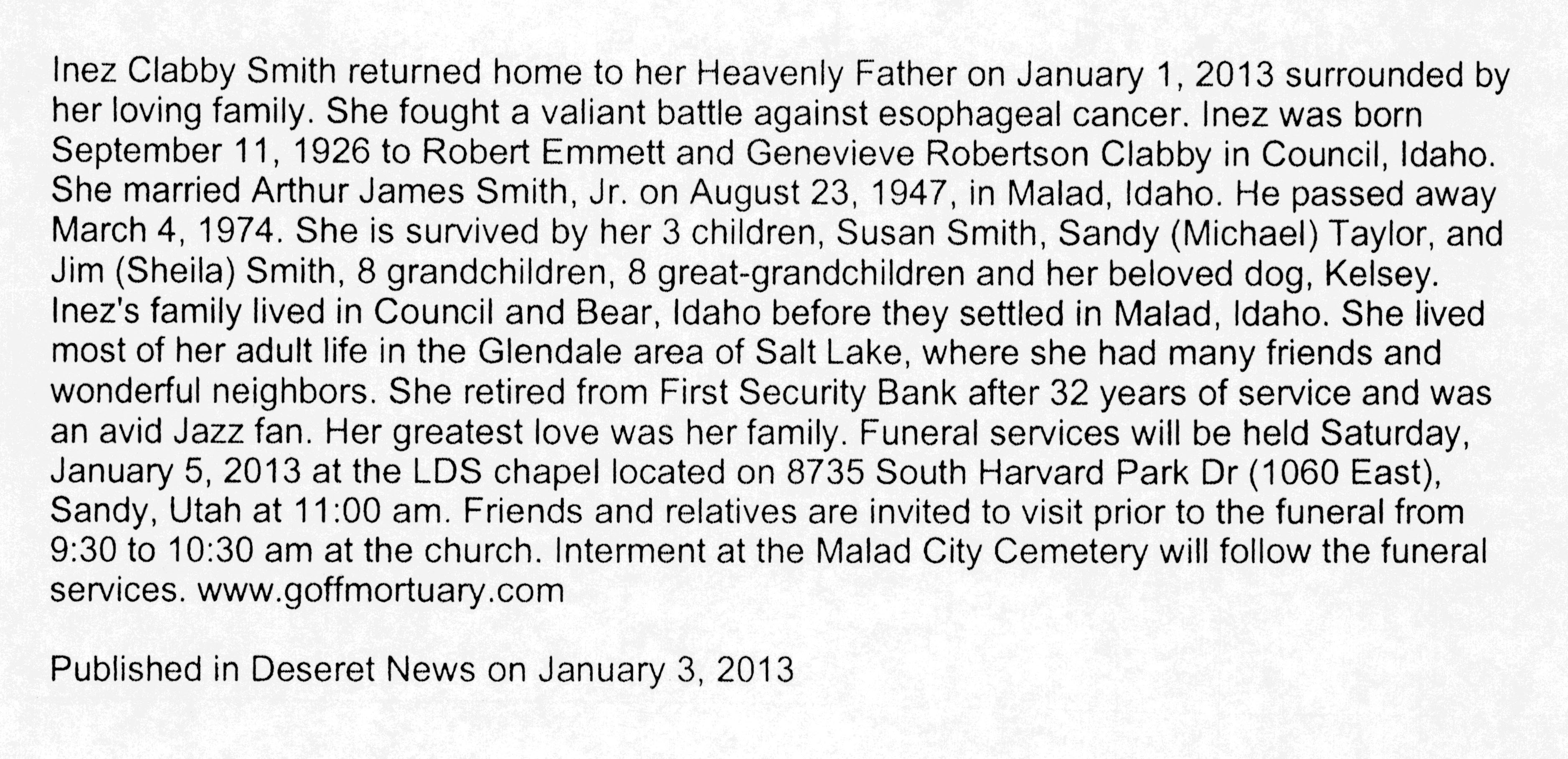 Inez Clabby Smith obit