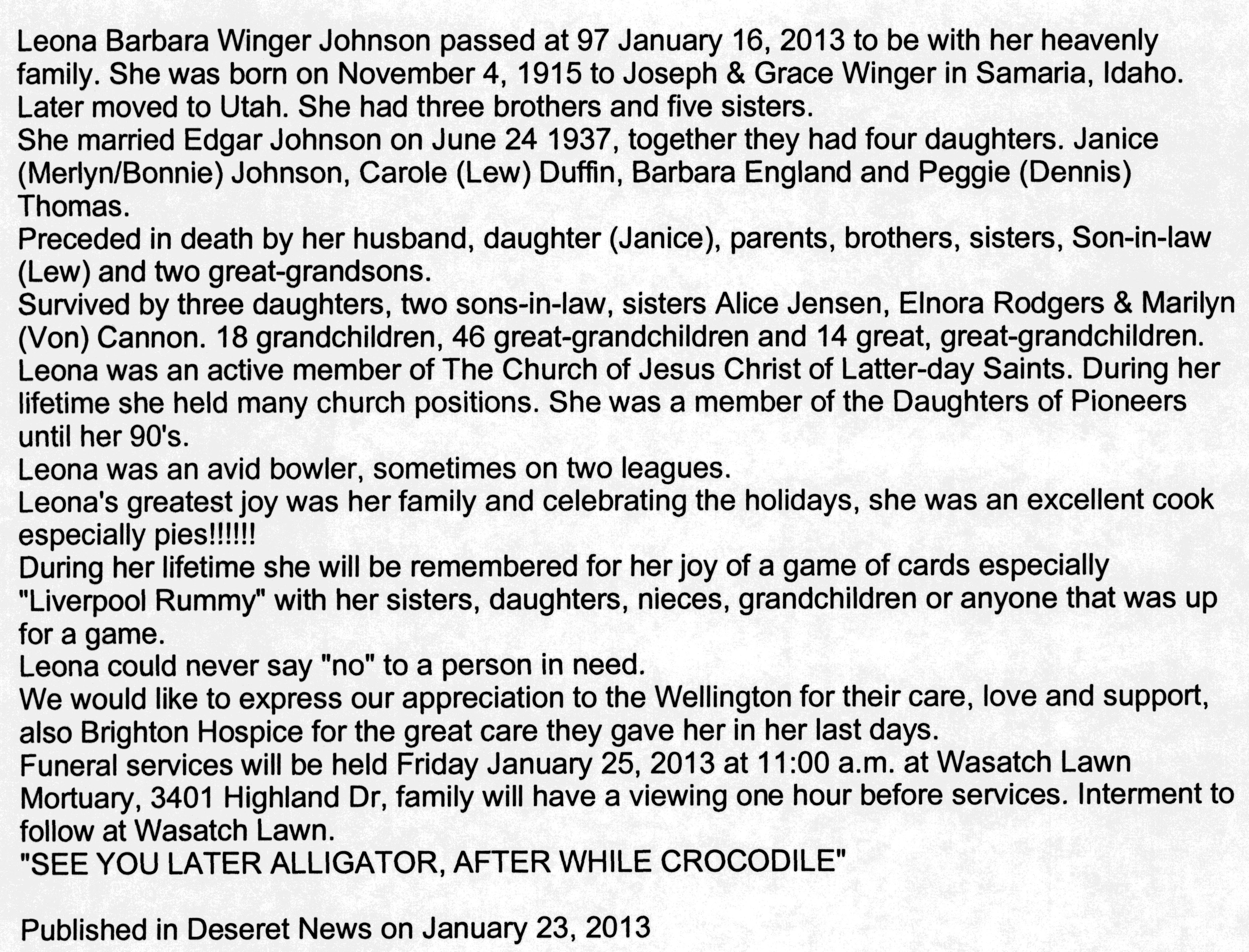 Leona Barbara Winger Johnson obit