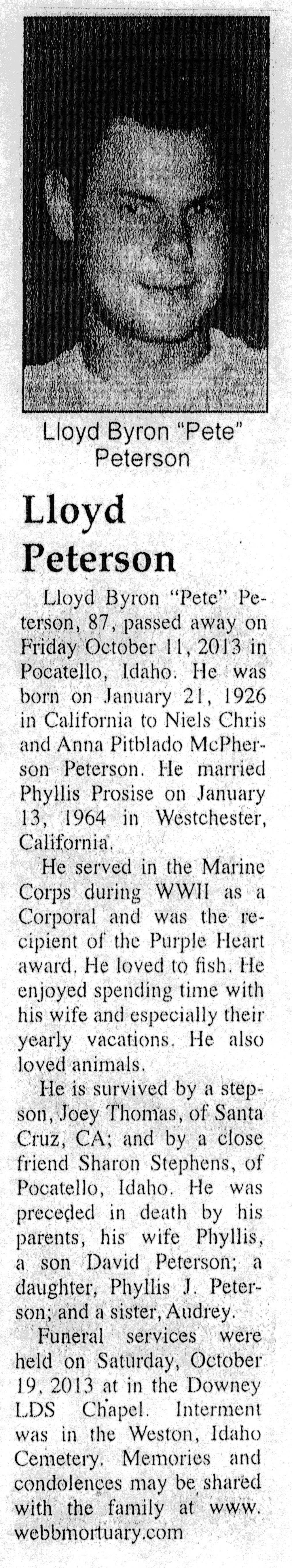Lloyd Byron (Pete) Peterson obit