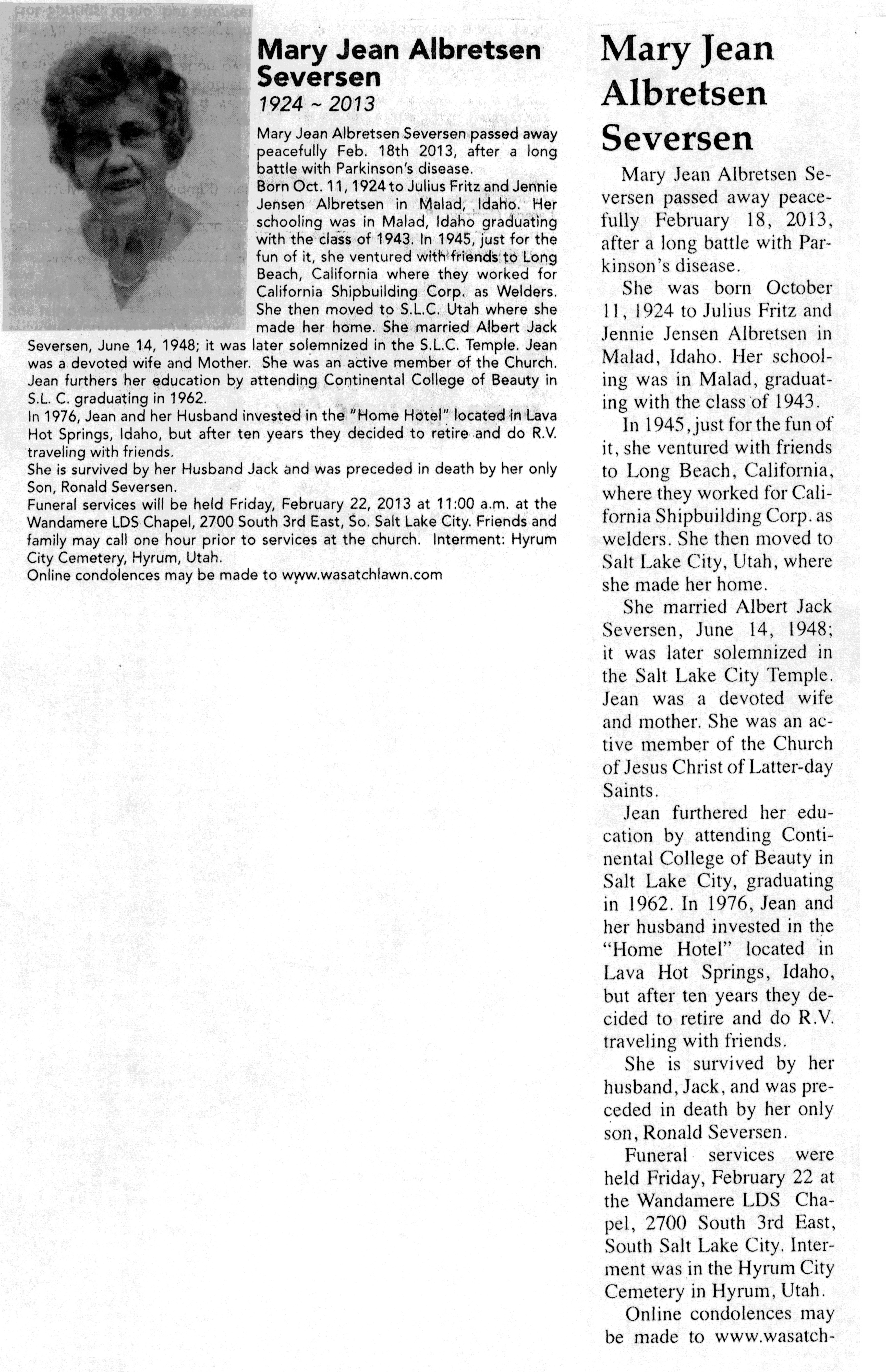 Mary Jean Albretsen Seversen obit