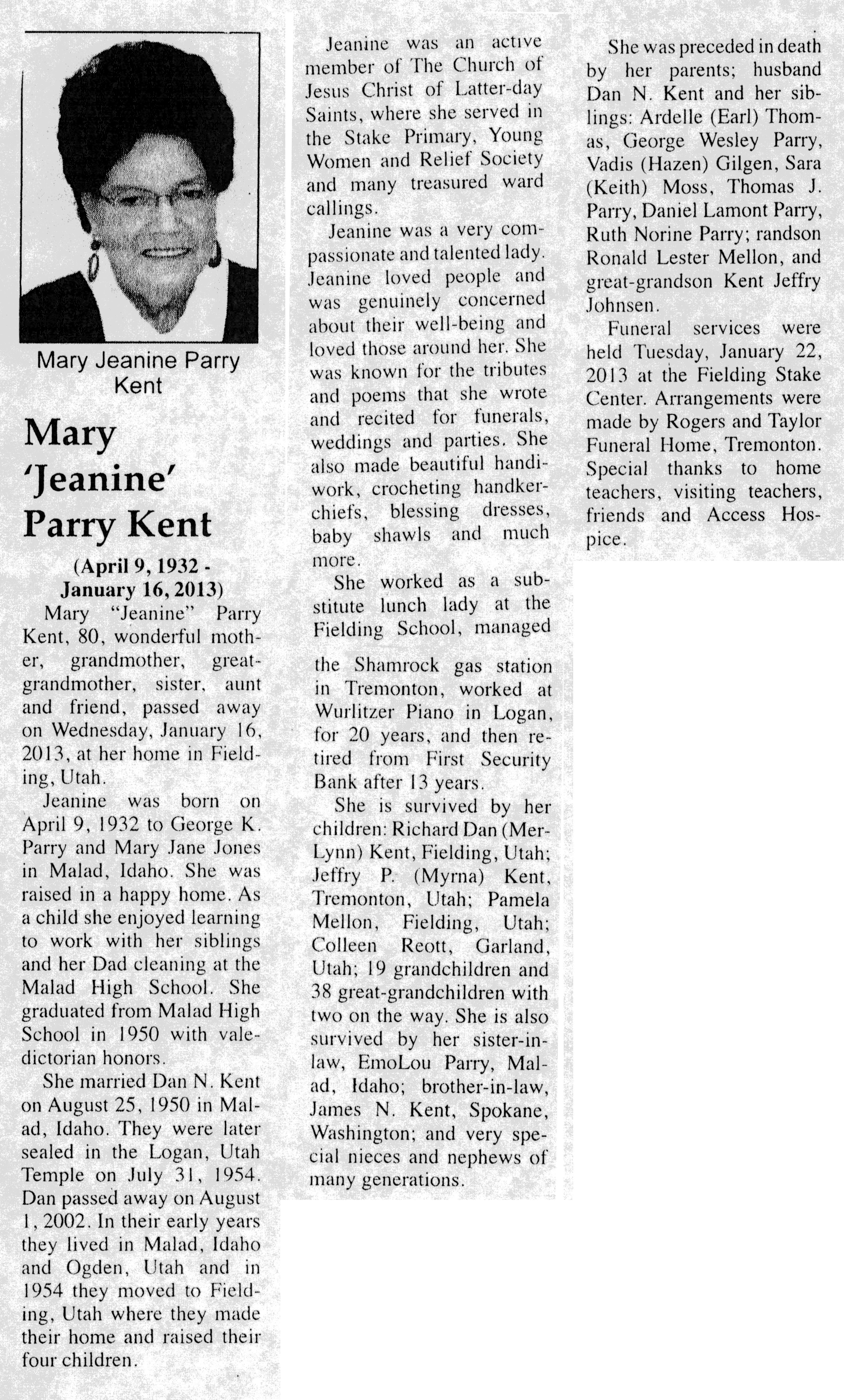 Mary Jeanine Parry Kent obit