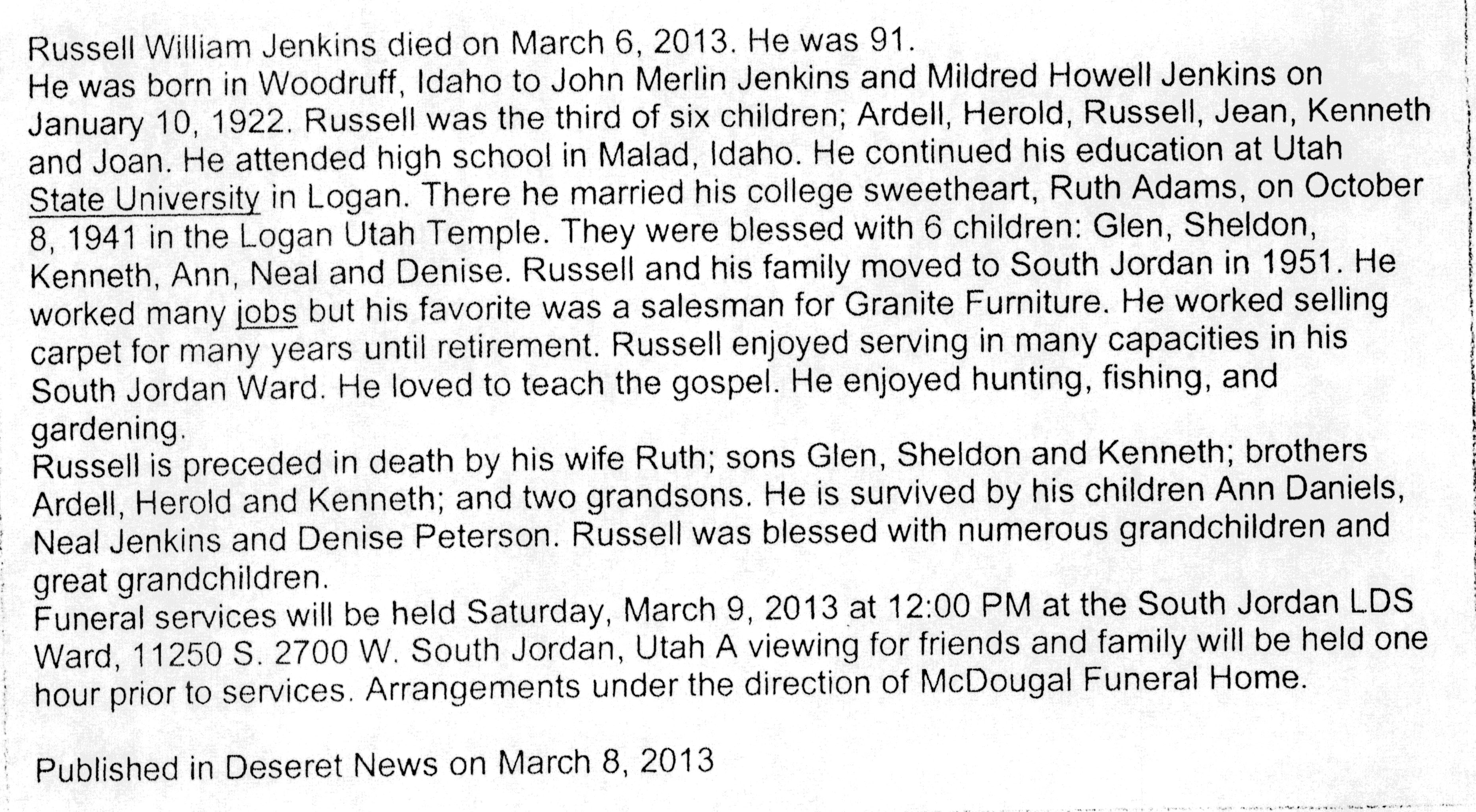 Russell William Jenkins obit