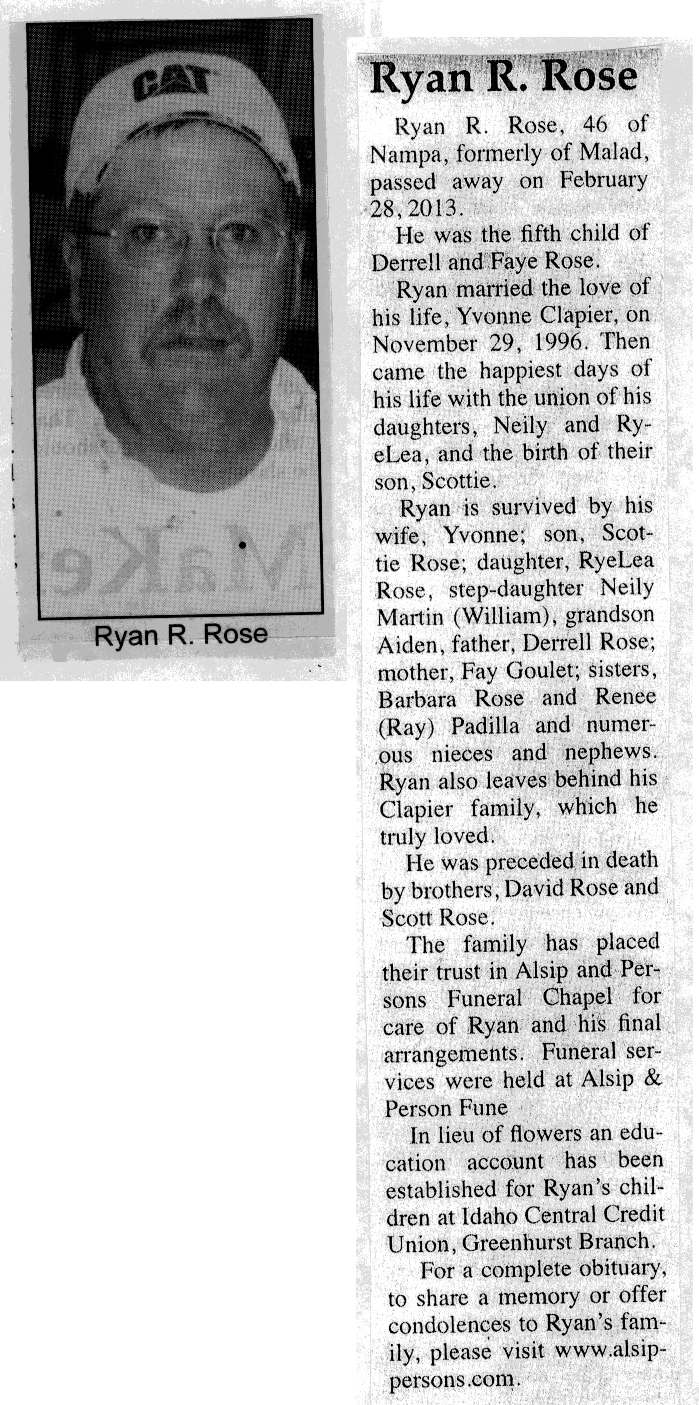 Ryan R Rose obit