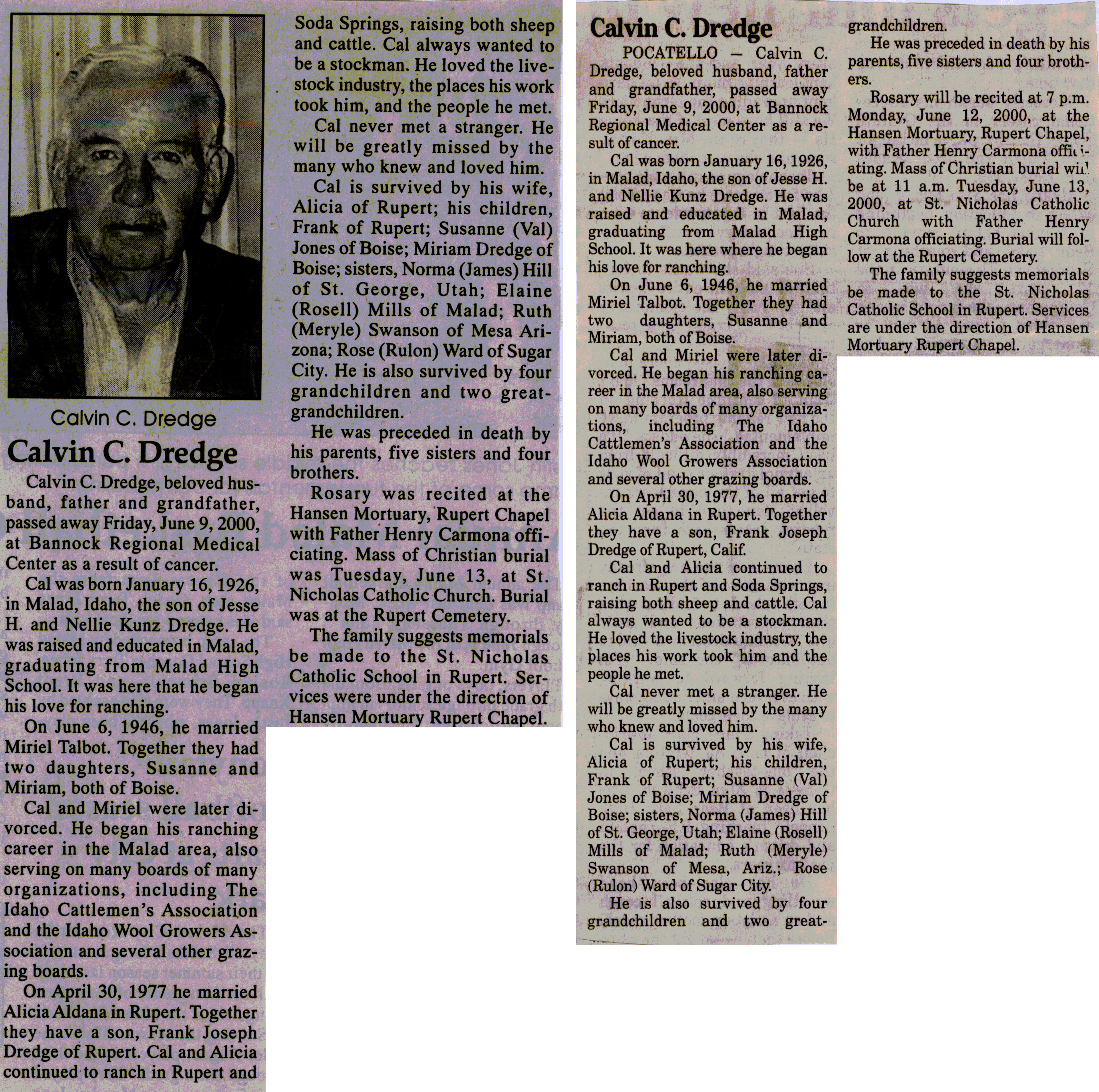 Calvin C Dredge obit