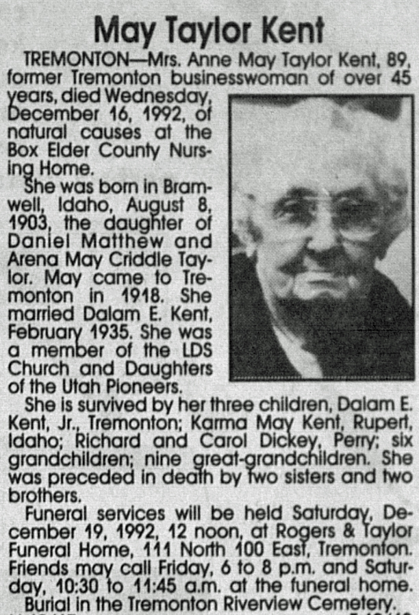 Anne May Taylor Kent obit