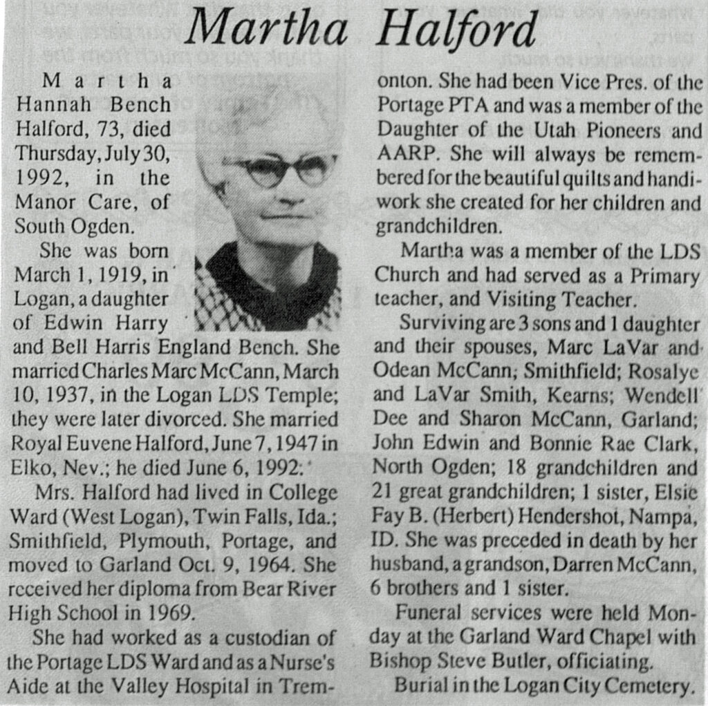Martha Hannah Bench Halford obit