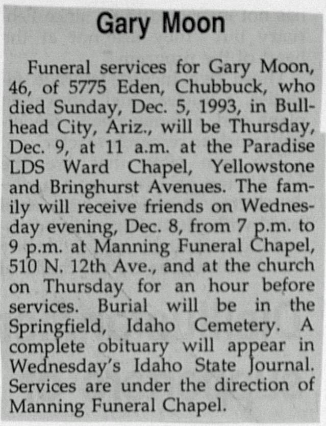 Gary T Moon funeral