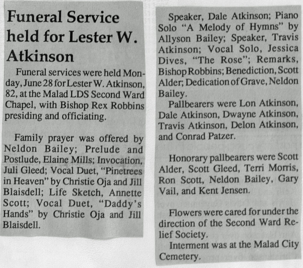 Lester Waldron Atkinson funeral in paper