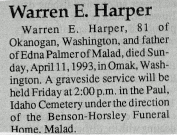 Warren E Harper obit