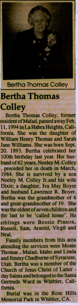 Bertha Thomas Colley obit
