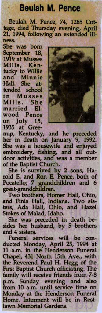 Beulah M Pence obit