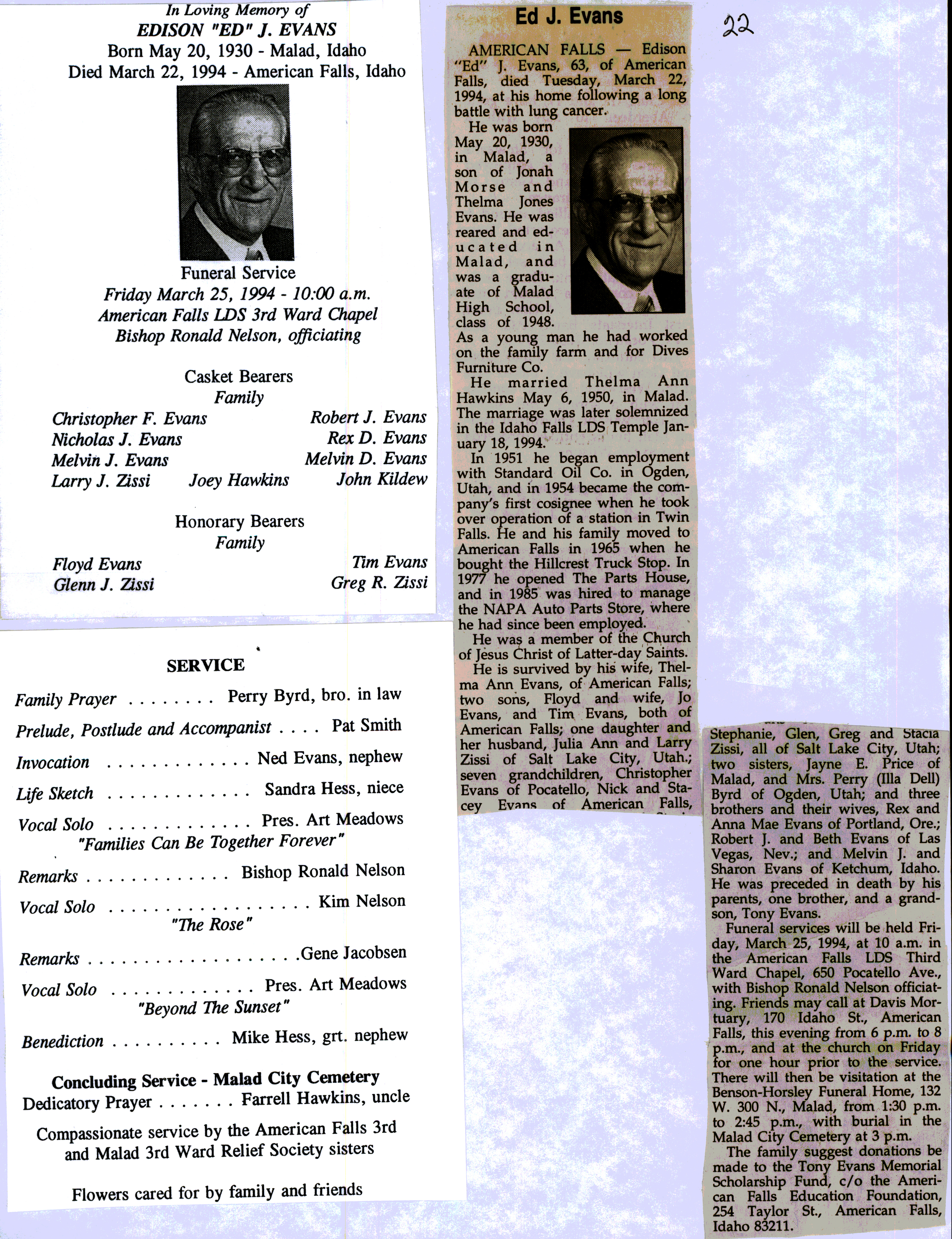 Edison (Ed) J Evans obit and program