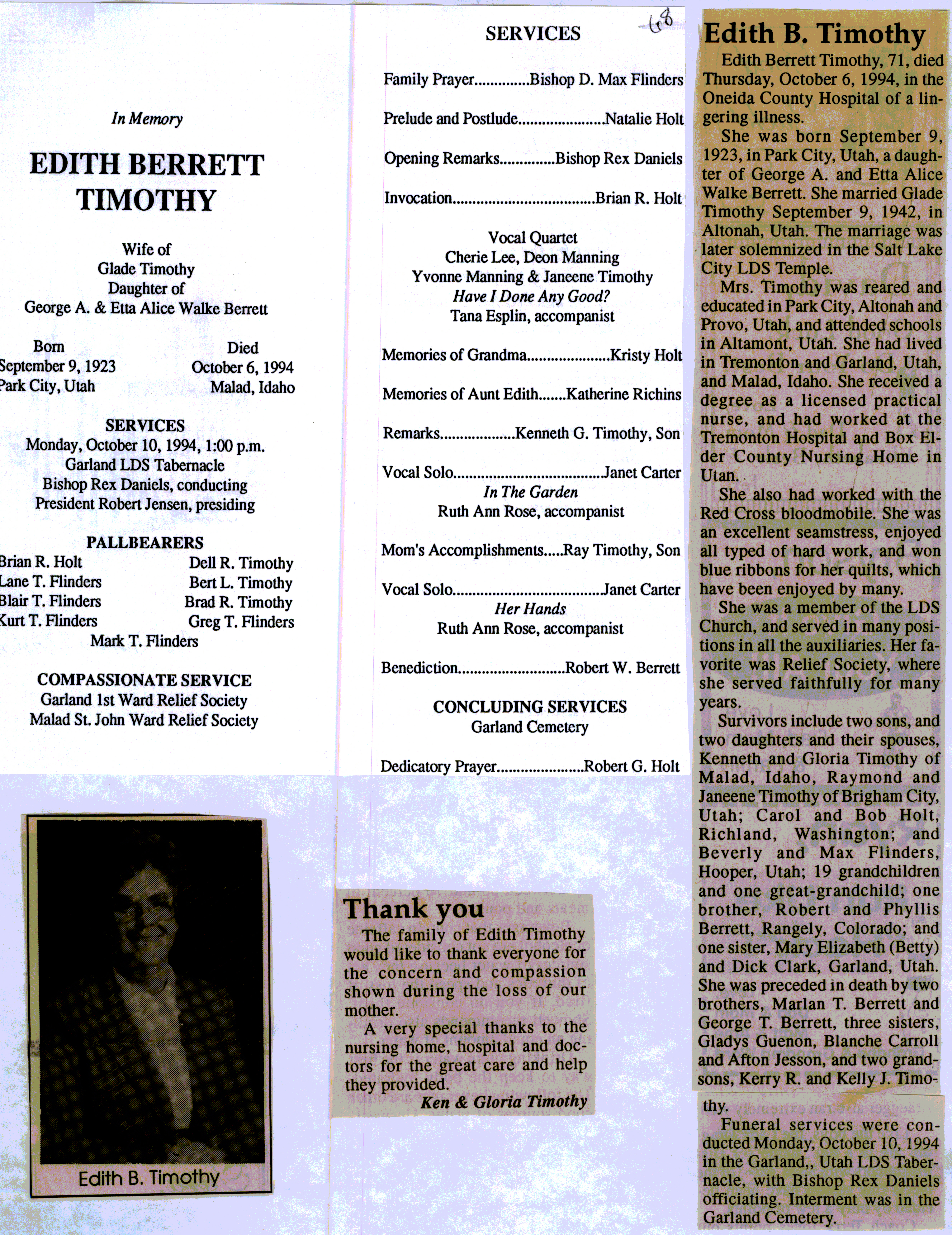 Edith Berrett Timothy obit and program