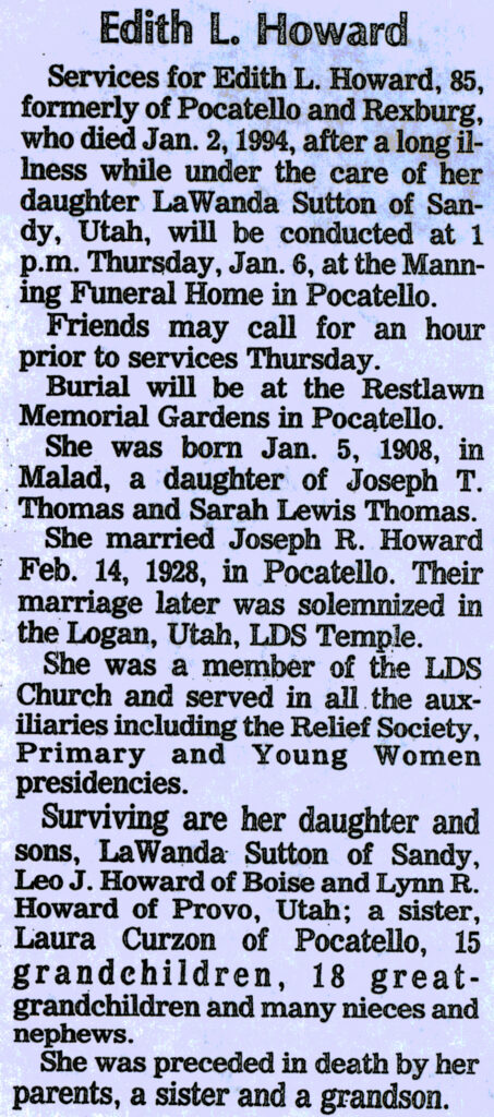 Edith L Howard obit