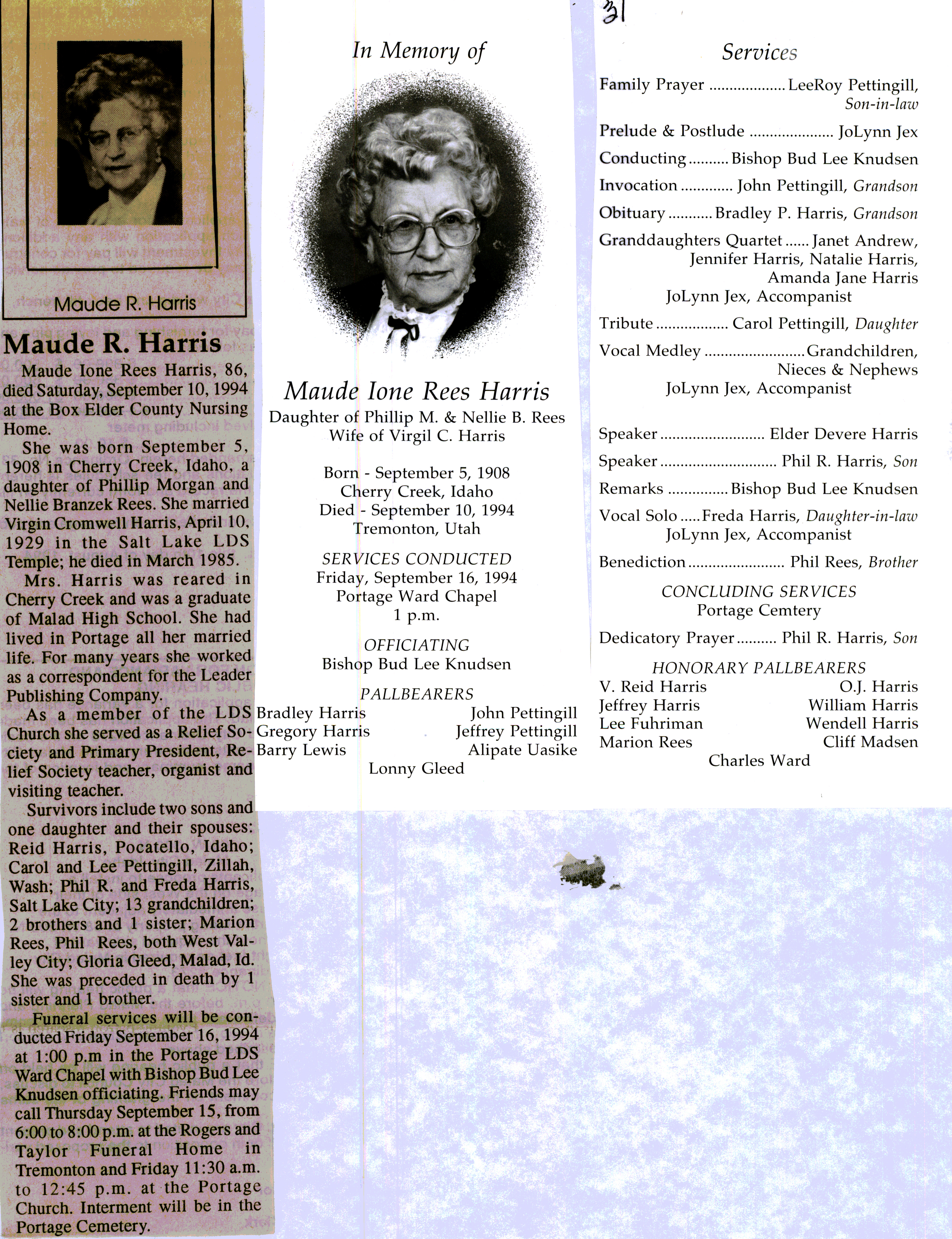 Maude Ione Rees Harris obit and program