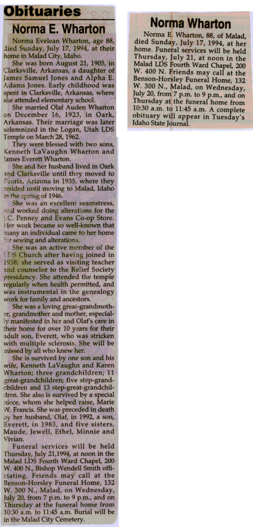 Norma Evelean Wharton obit