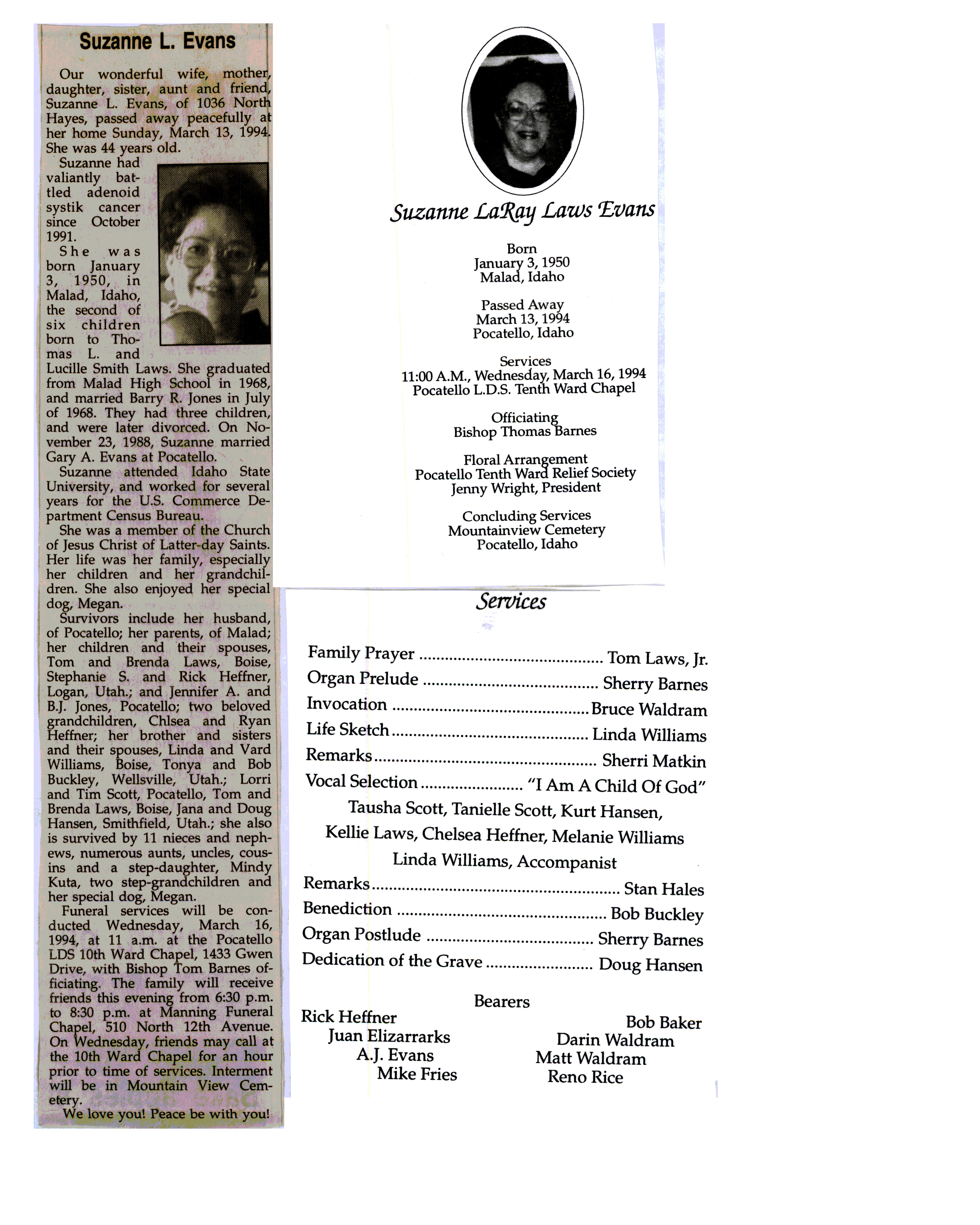 Suzanne LaRay Laws Evans obit and program