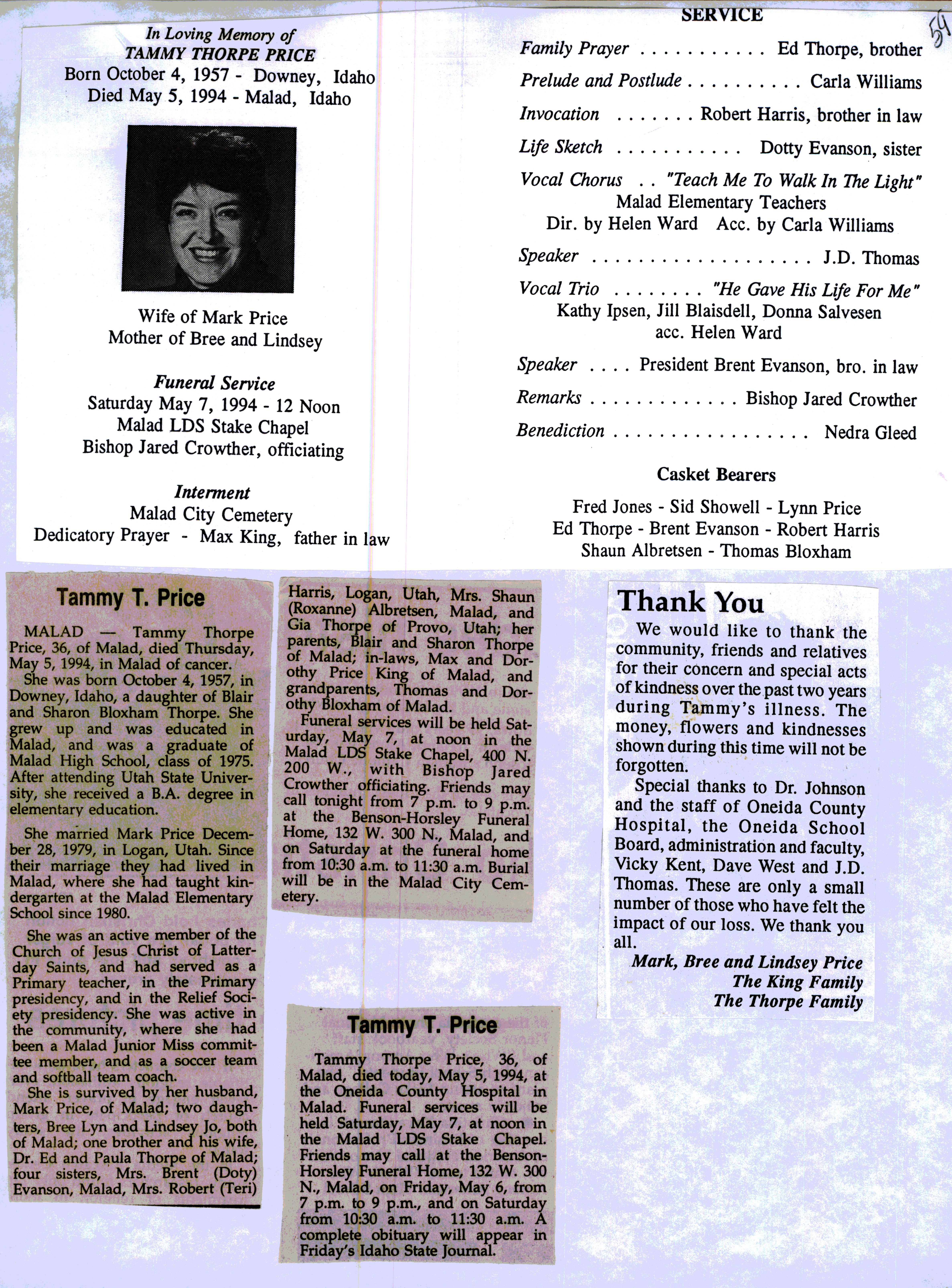 Tammy Thorpe Price obit and program