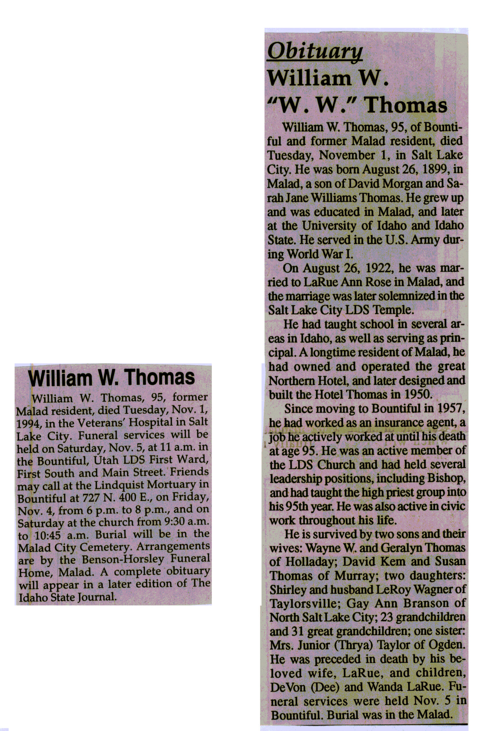 William W (WW) Thomas obit