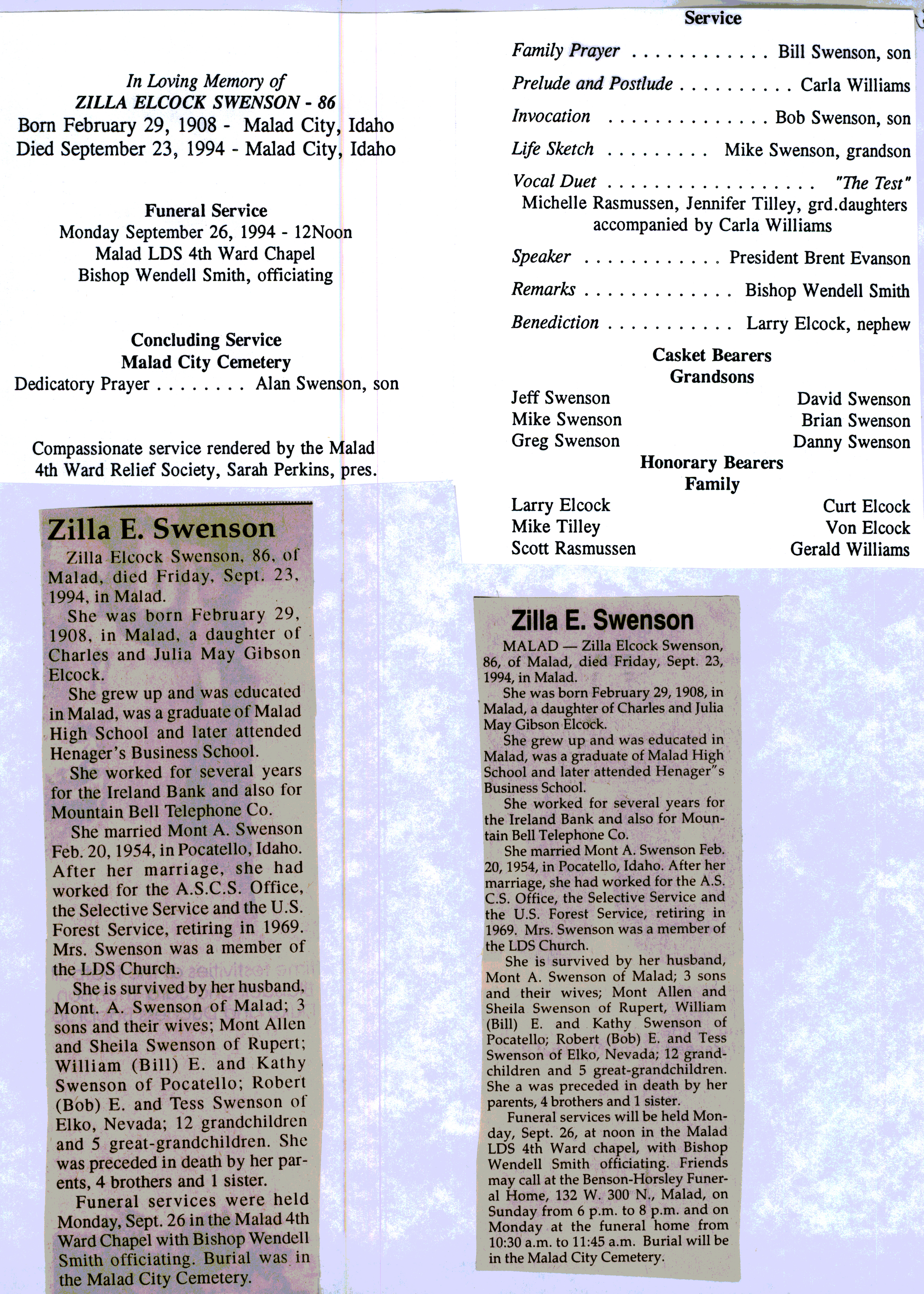 Zilla Elcock Swenson obit and program