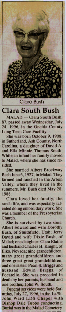 Clara South Bush obit