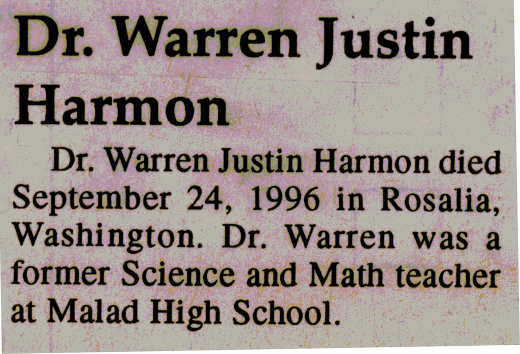Dr Warren Justin Harmon death notice