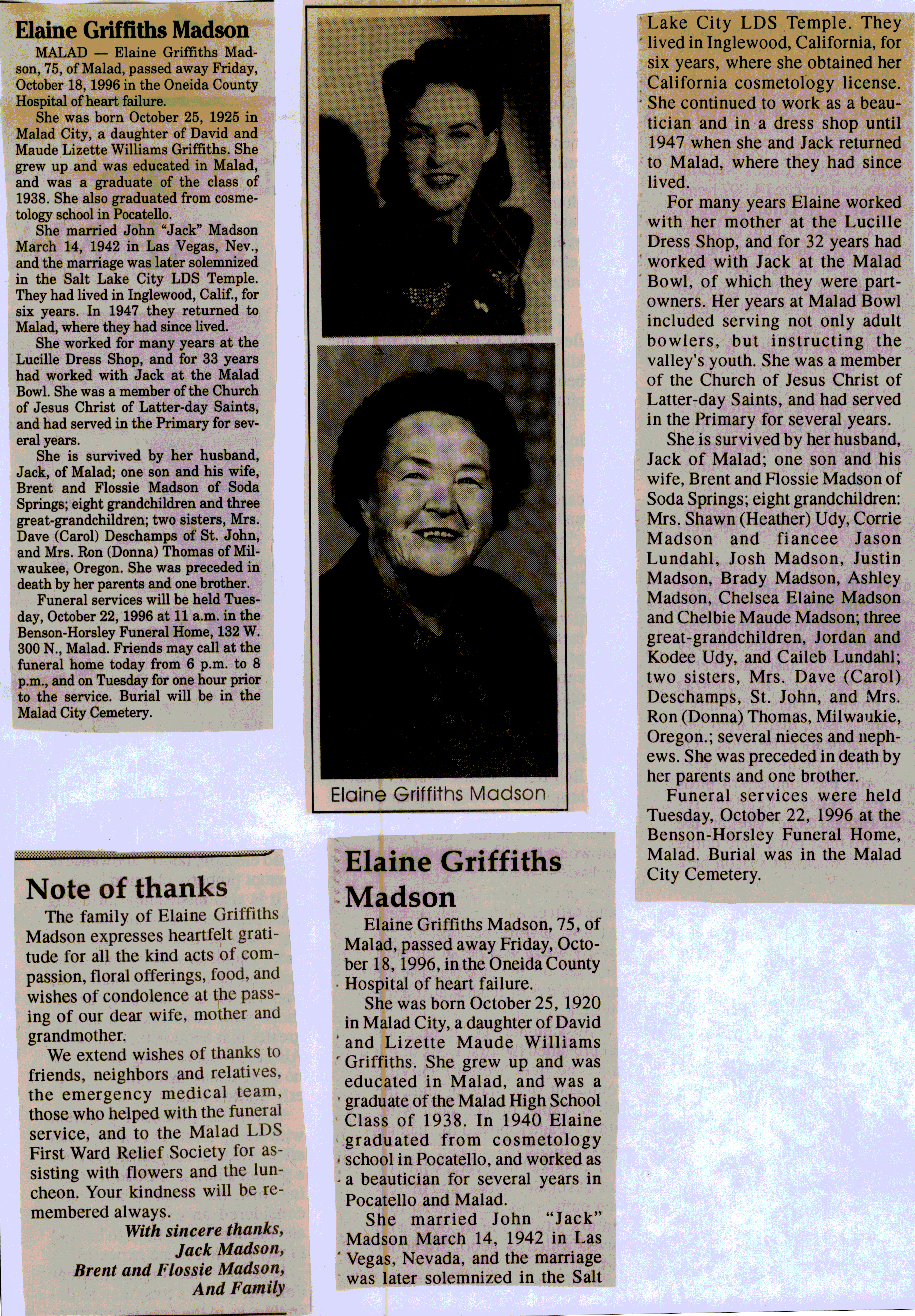 Elaine Griffiths Madson obit