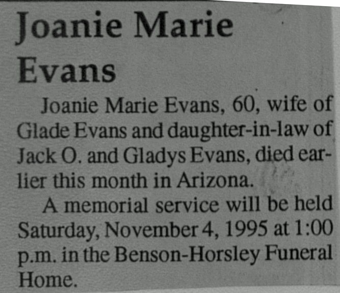 Joanie Marie Evans obit