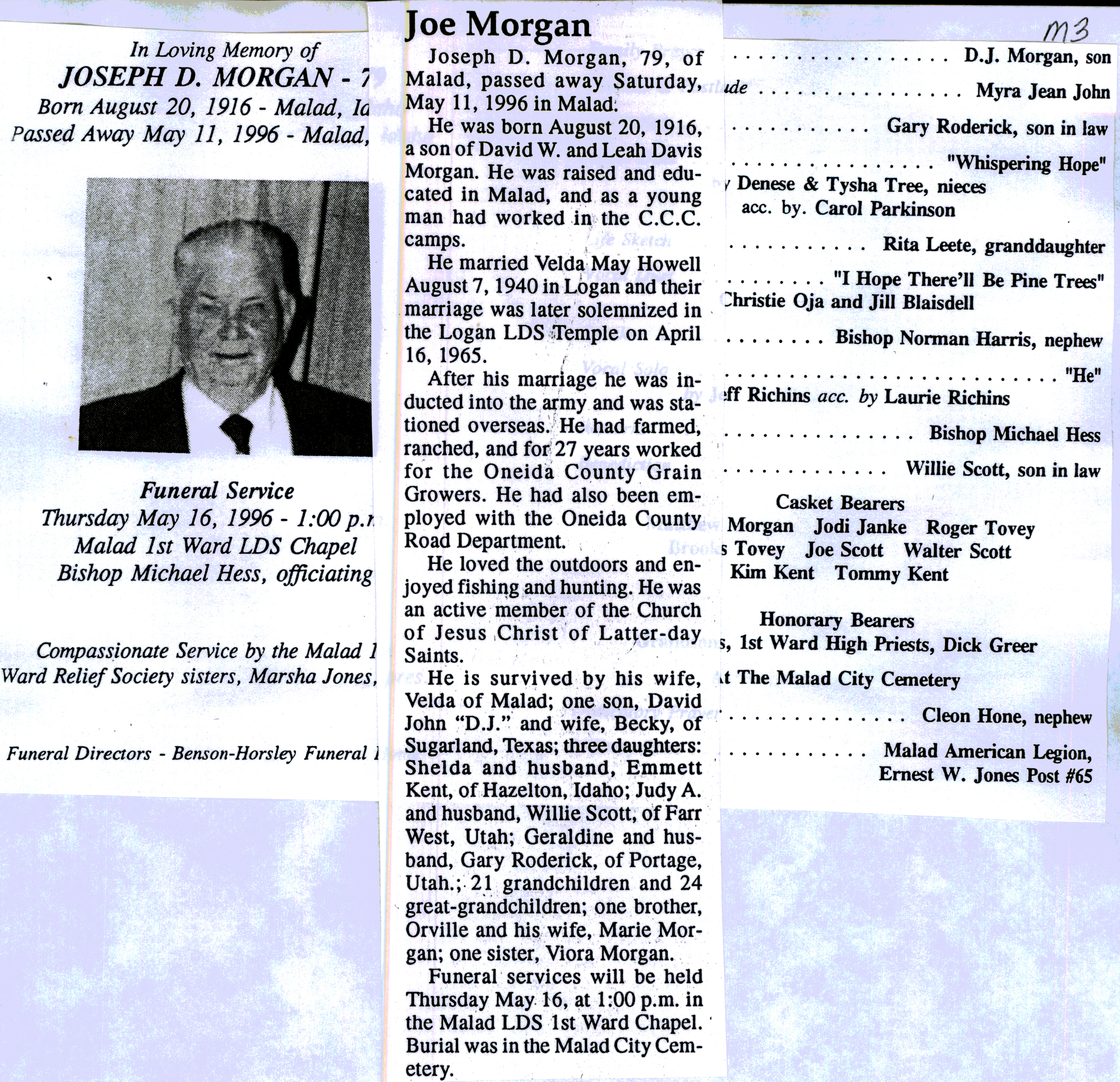 Joseph D Morgan obit and program