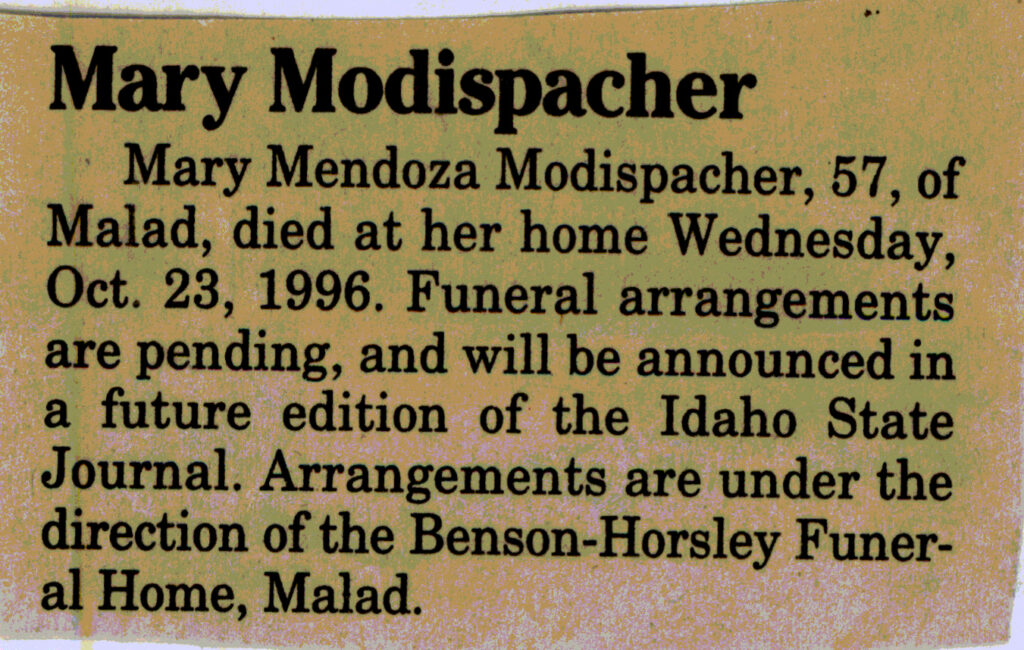 Mary Mendoza Modispacher funeral notice