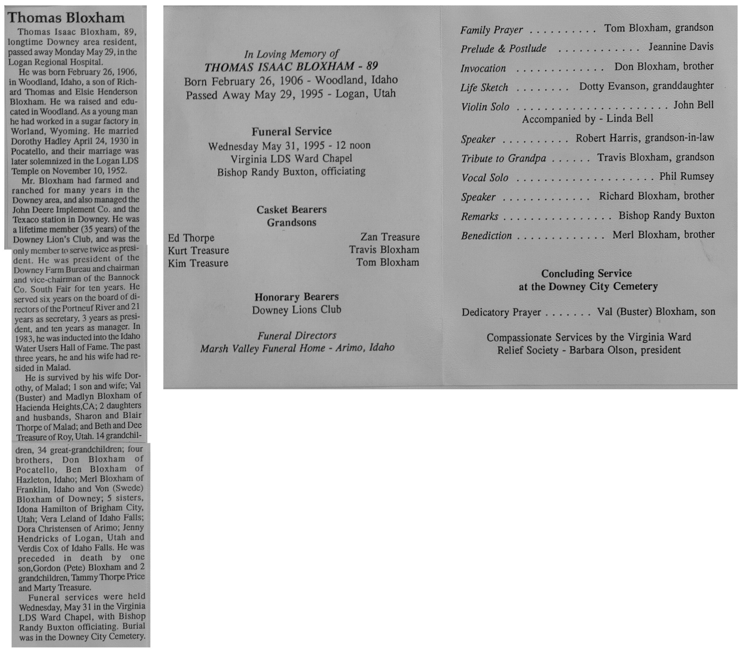 Thomas Isaac Bloxham obit and program copy