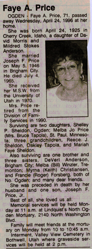 Faye A Price obit