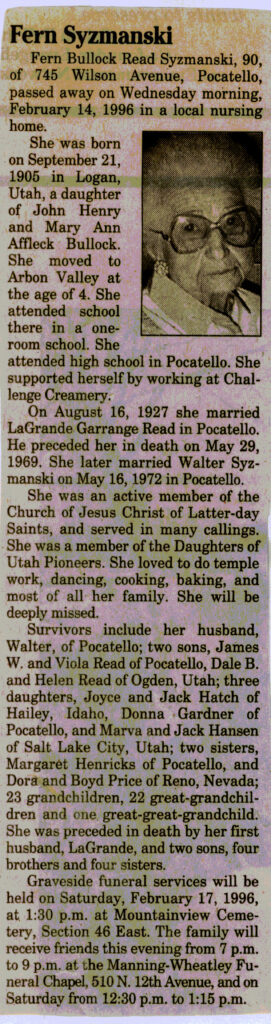 Fern Bullock Read Syzmanski obit