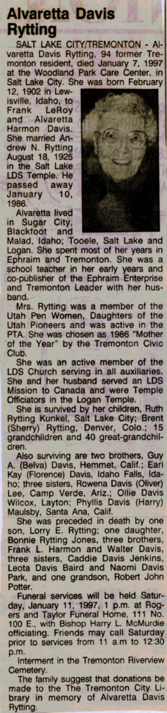 Alvaretta Davis Rytting obit