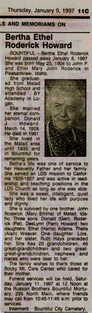 Bertha Ethel Roderick Howard obit