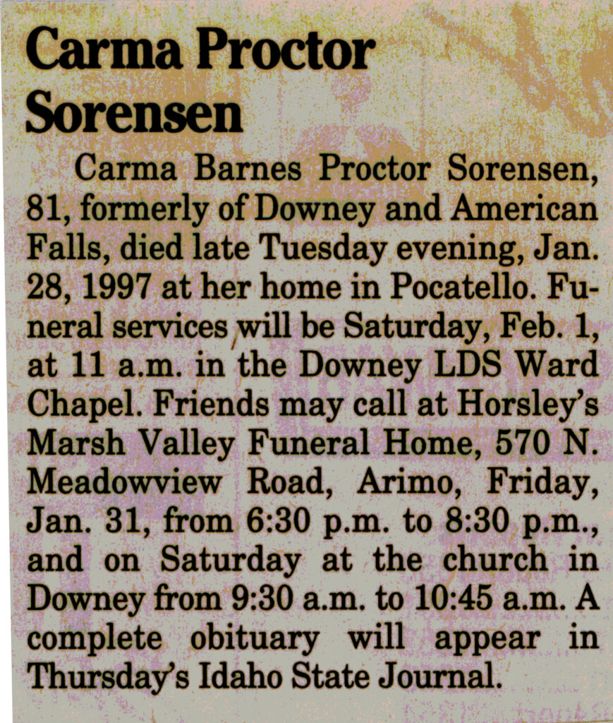Carma Barnes Proctor Sorensen funeral notice