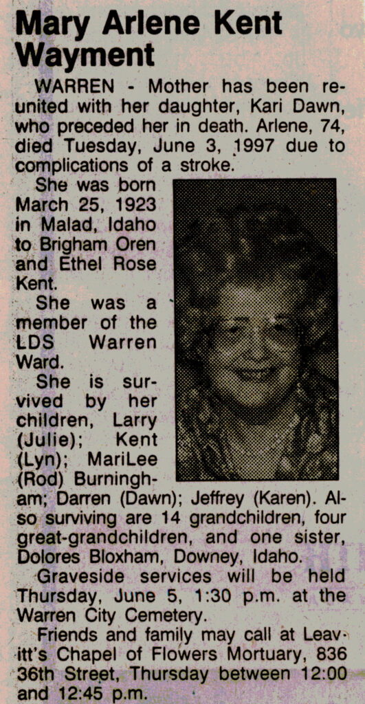 Mary Arlene Kent Wayment obit