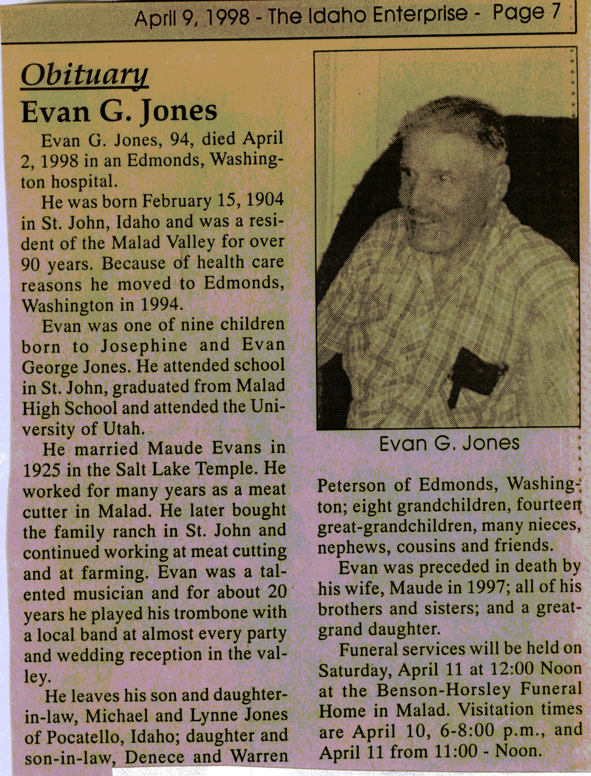 Evan G Jones obit