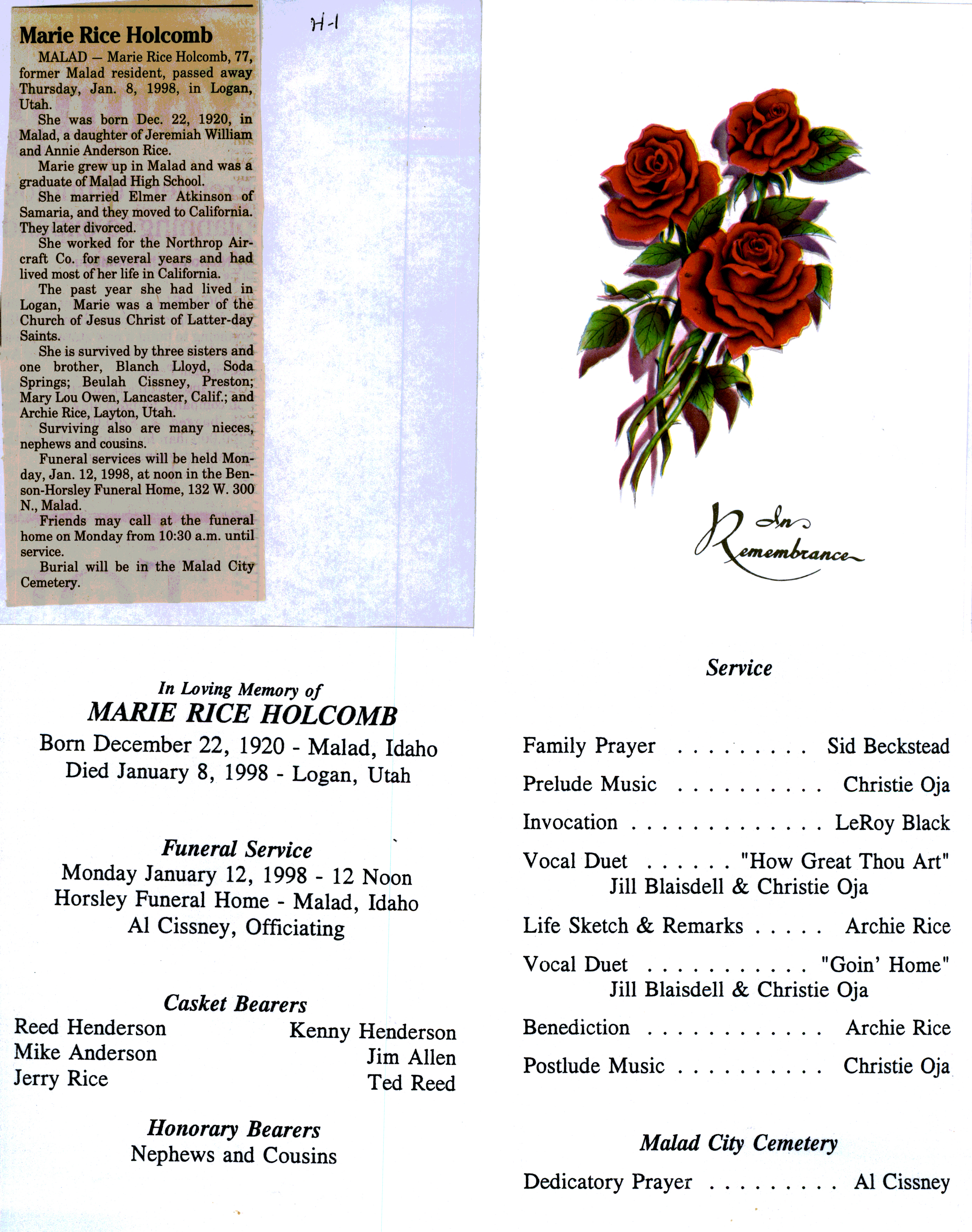 Marie Rice Holcomb obit and program