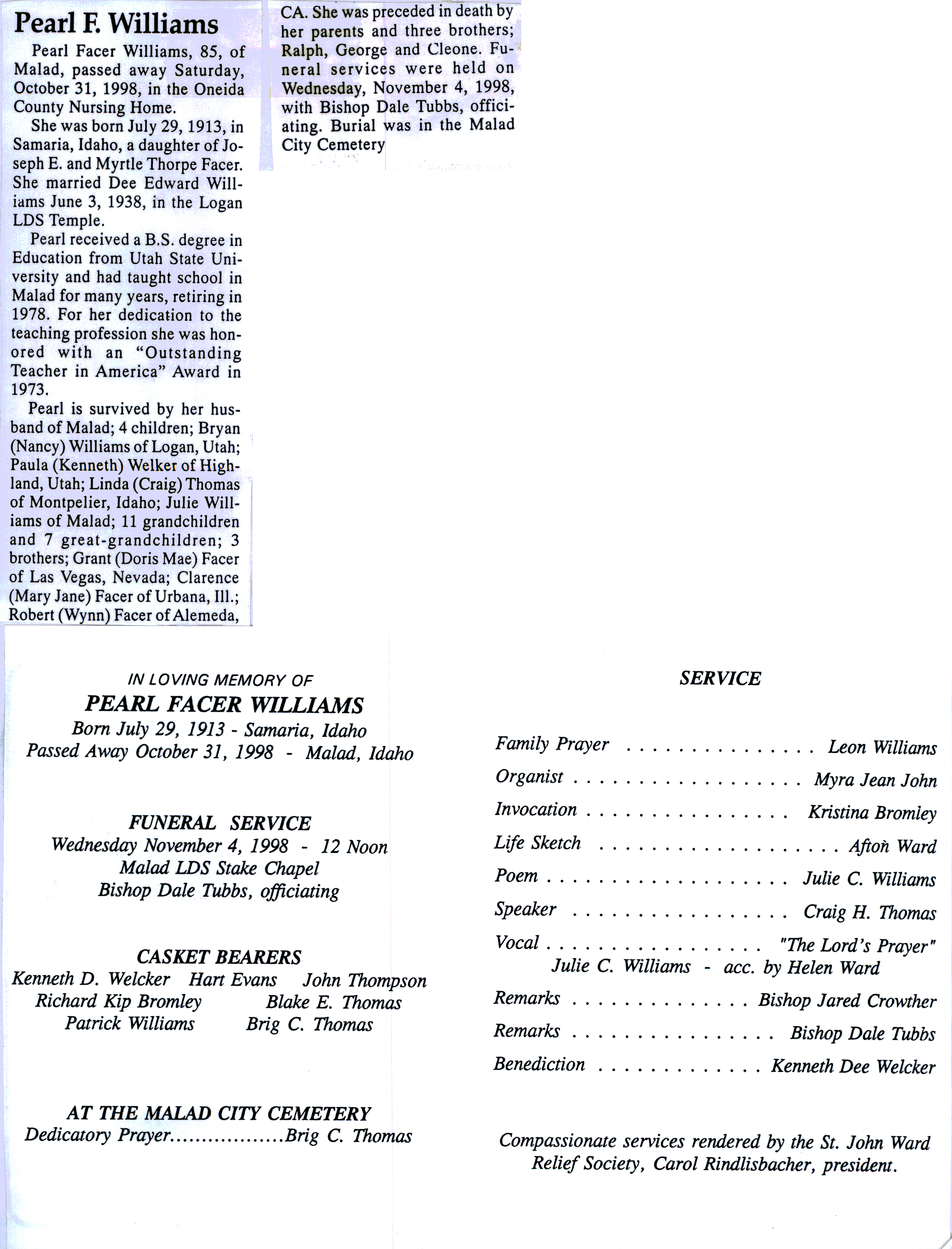 Pearl Facer Williams obit and program
