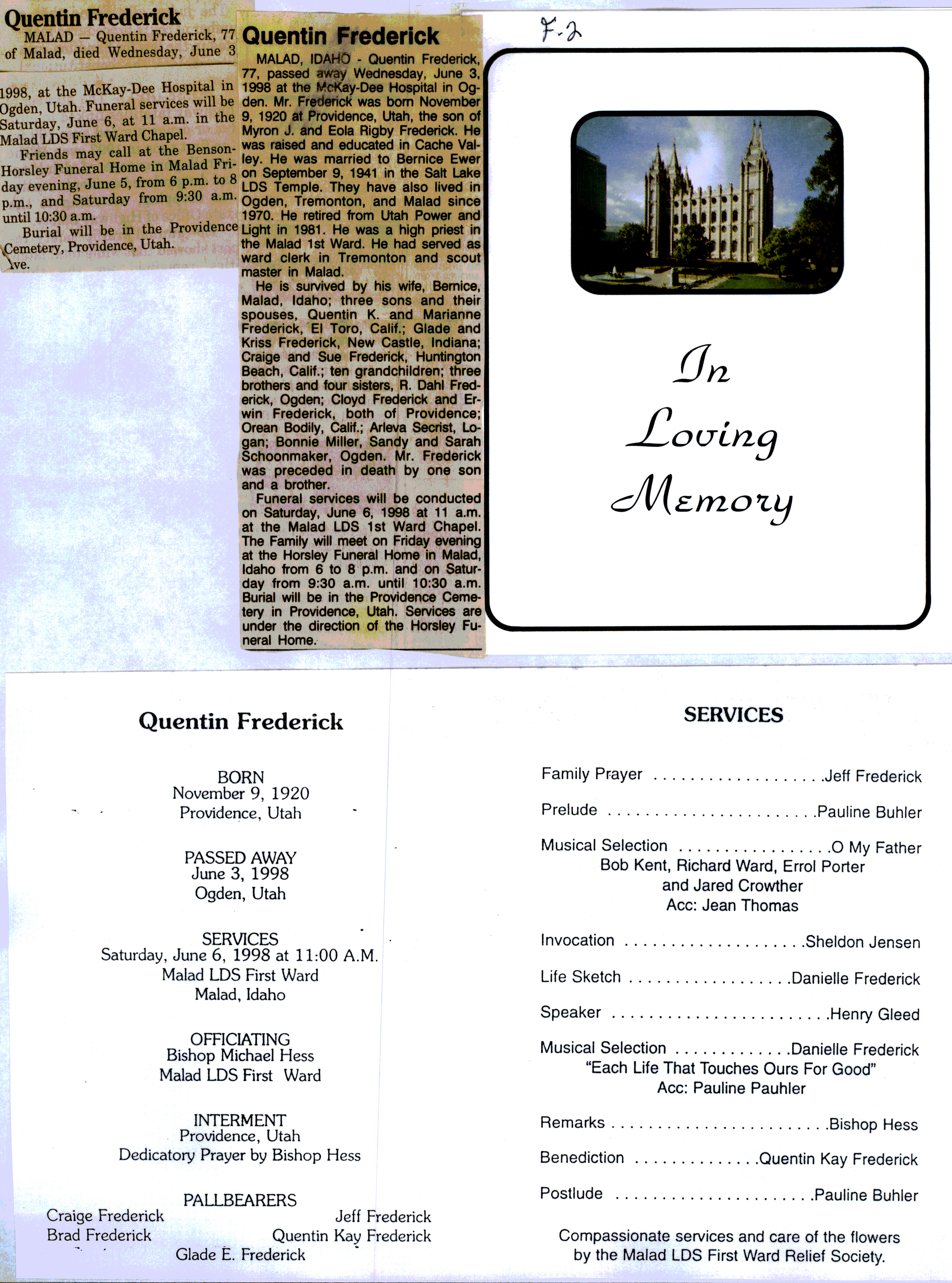 Quentin Frederick obit and program