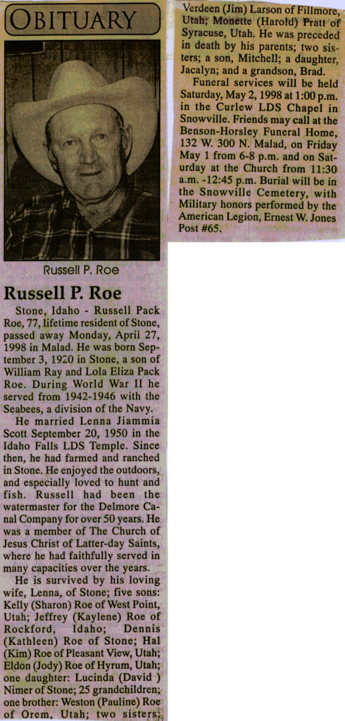 Russell Pack Roe obit