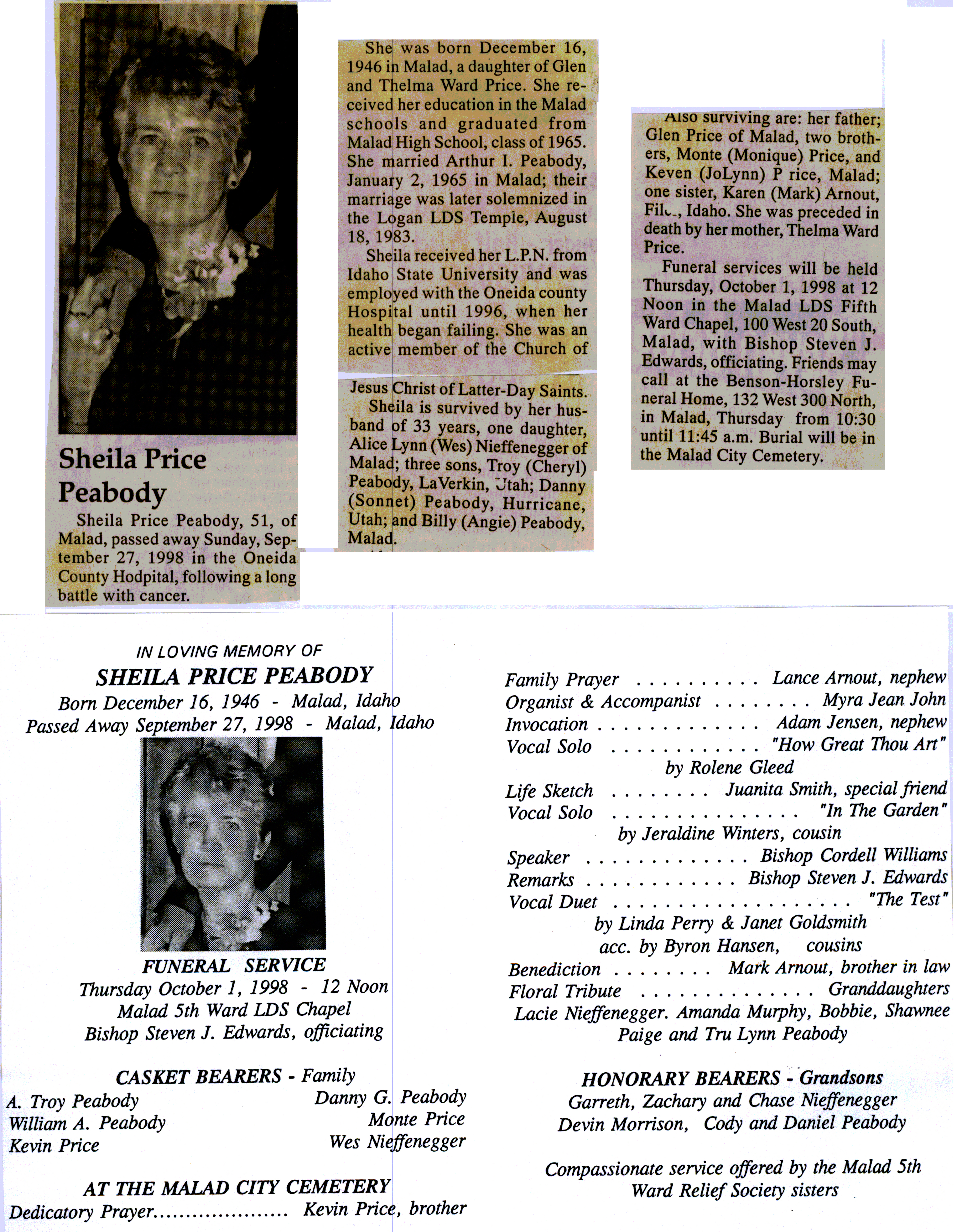 Sheila Price Peabody obit and program