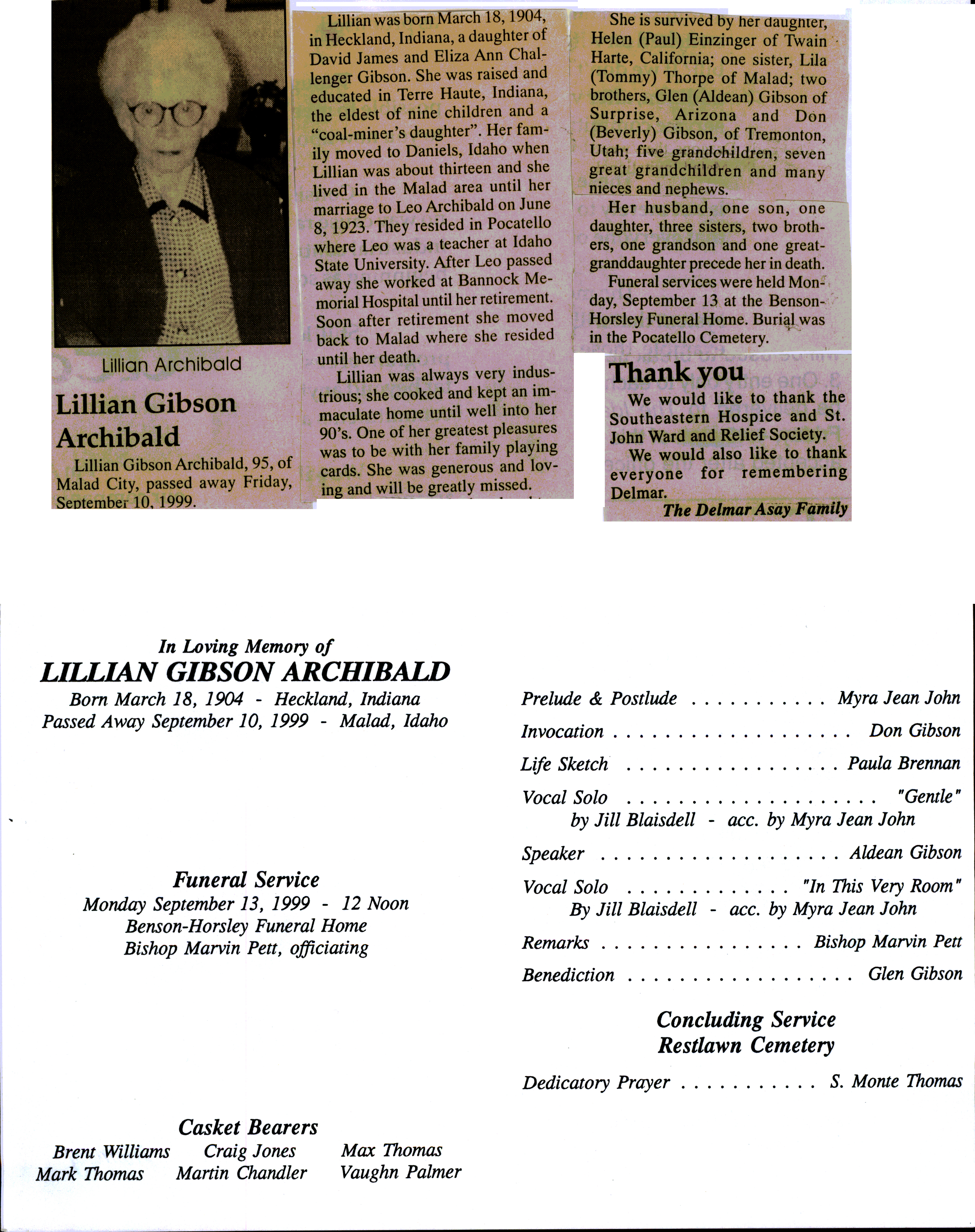 Lillian Gibson Archibald obit and program