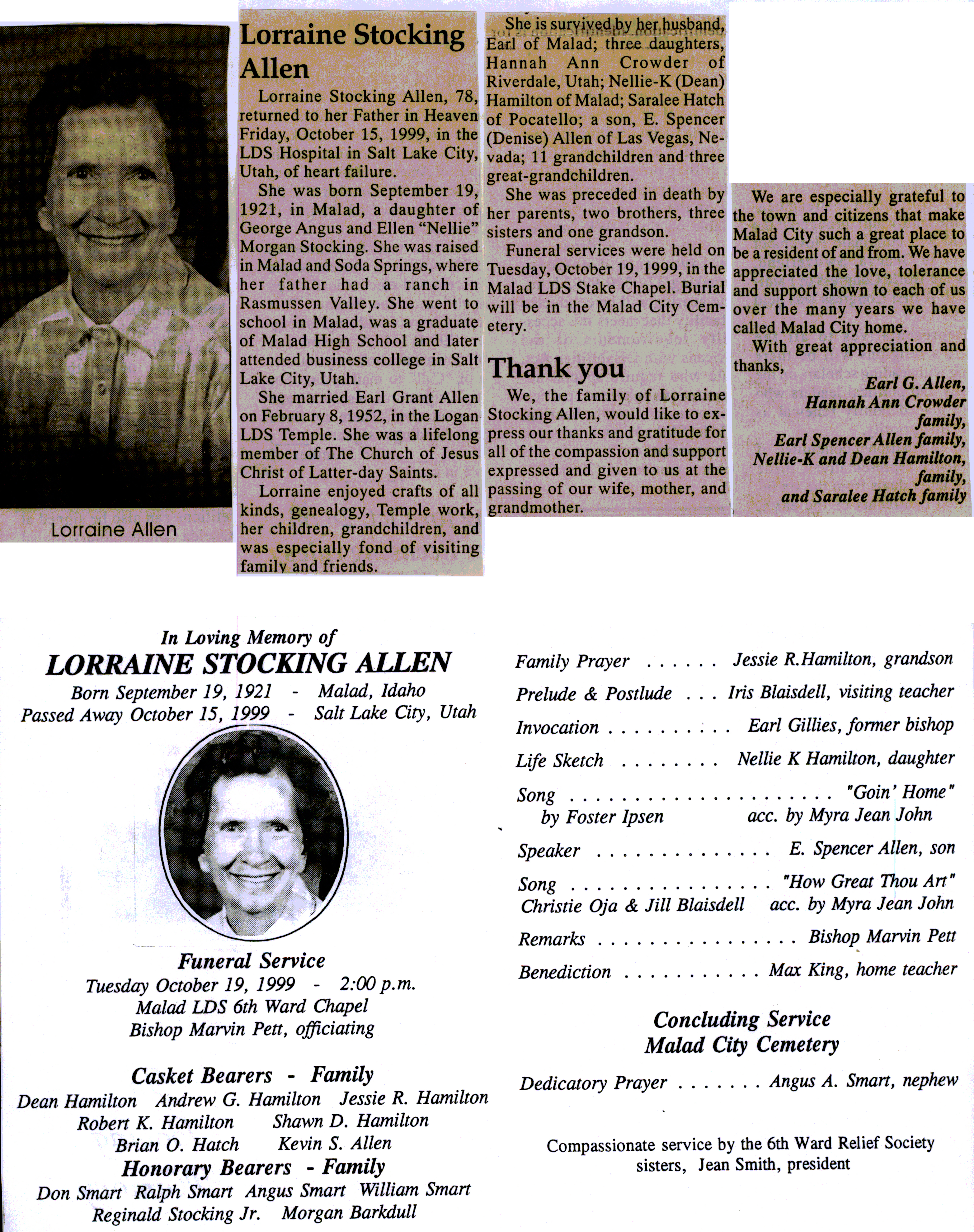 Lorraine Stocking Allen obit and program