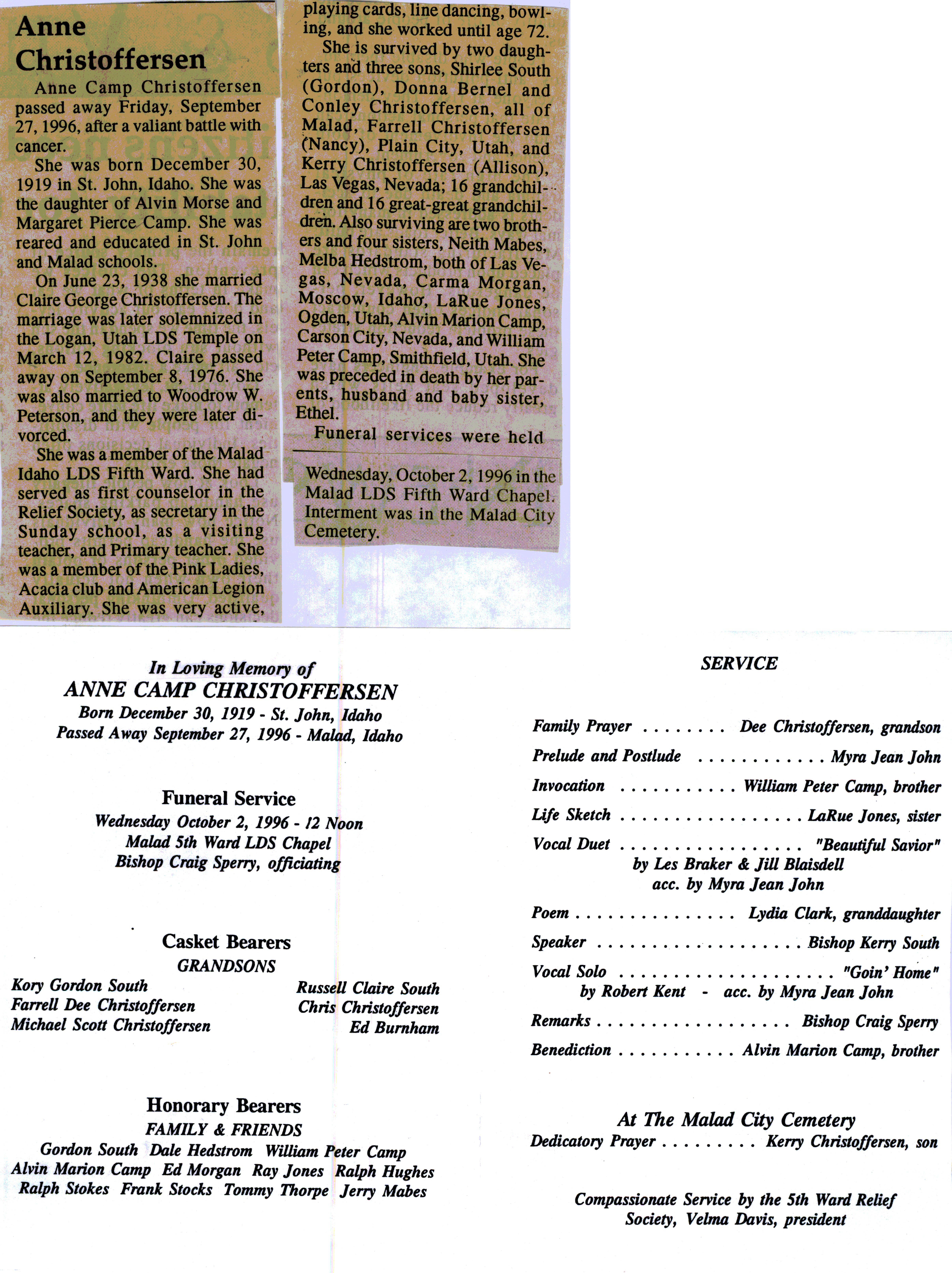 Anne Camp Christoffersen obituary and program